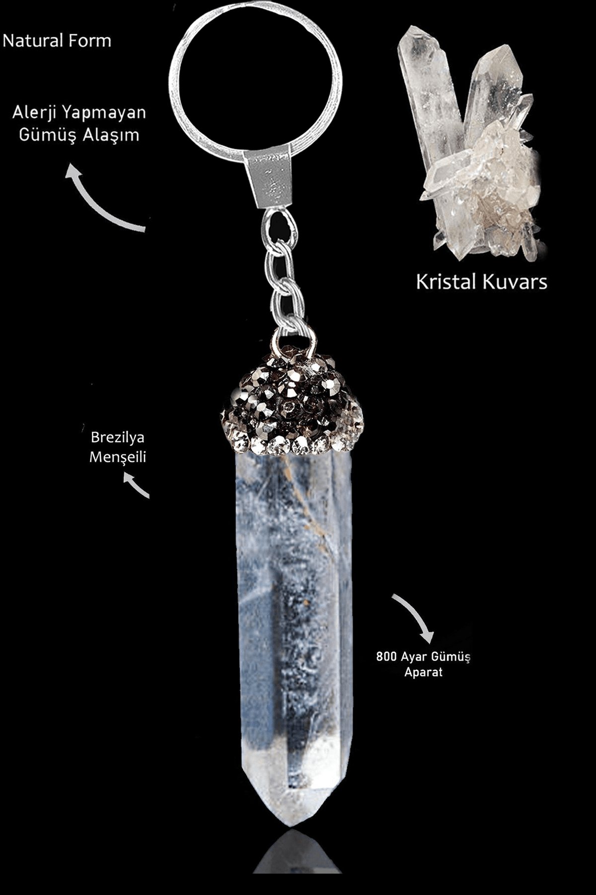 Sertifikalı Ham Zirkon Taşlı Model Kristal Kuvars Taşı Doğal Taş Anahtarlık