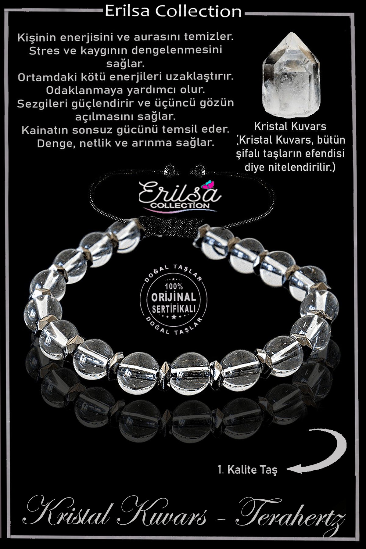 Sertifikalı Fasetli Hematit - Şeffaf Kristal Kuvars Taşı Bileklik