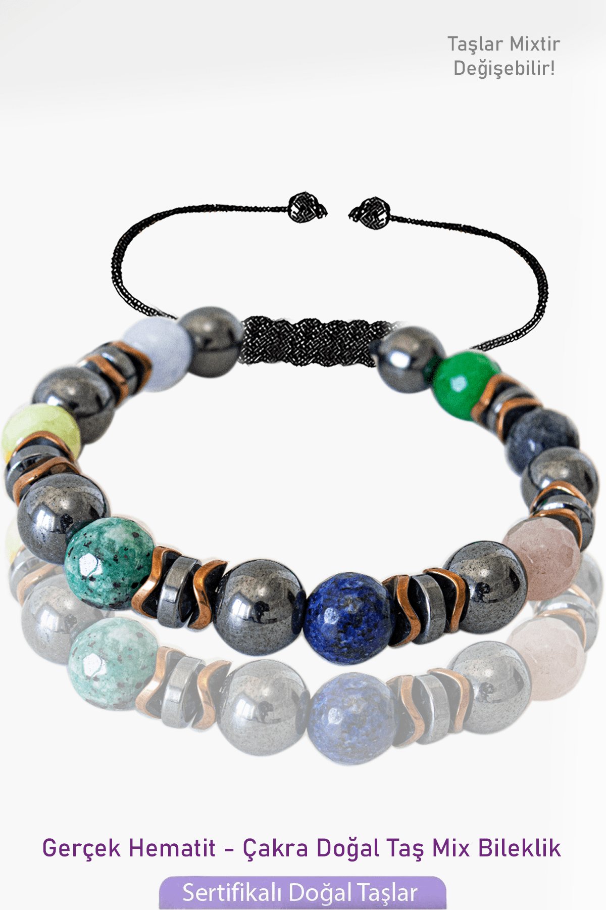 Sertifikalı Mix Fasetli Gerçek Hematit - 7 Çakra Doğal Taş Bileklik
