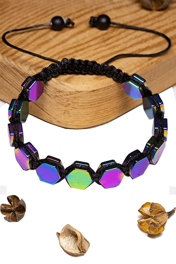 Sertifikalı Altıgen Aura Hematit Taşı Bileklik - Makrome