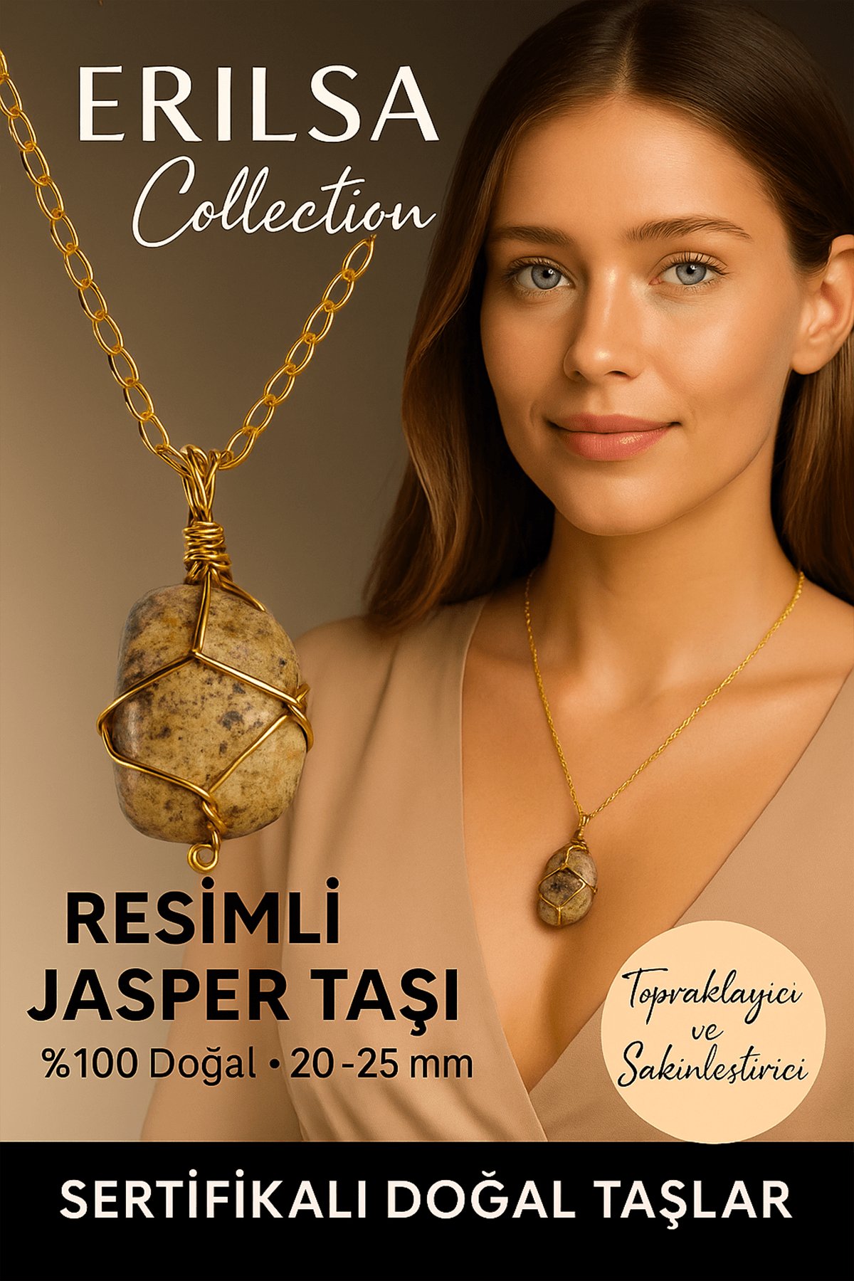 Sertifikalı Gold Renkli Kahverengi Resimli Jasper Taşı Kolye – Topraklayıcı ve Sakinleştirici