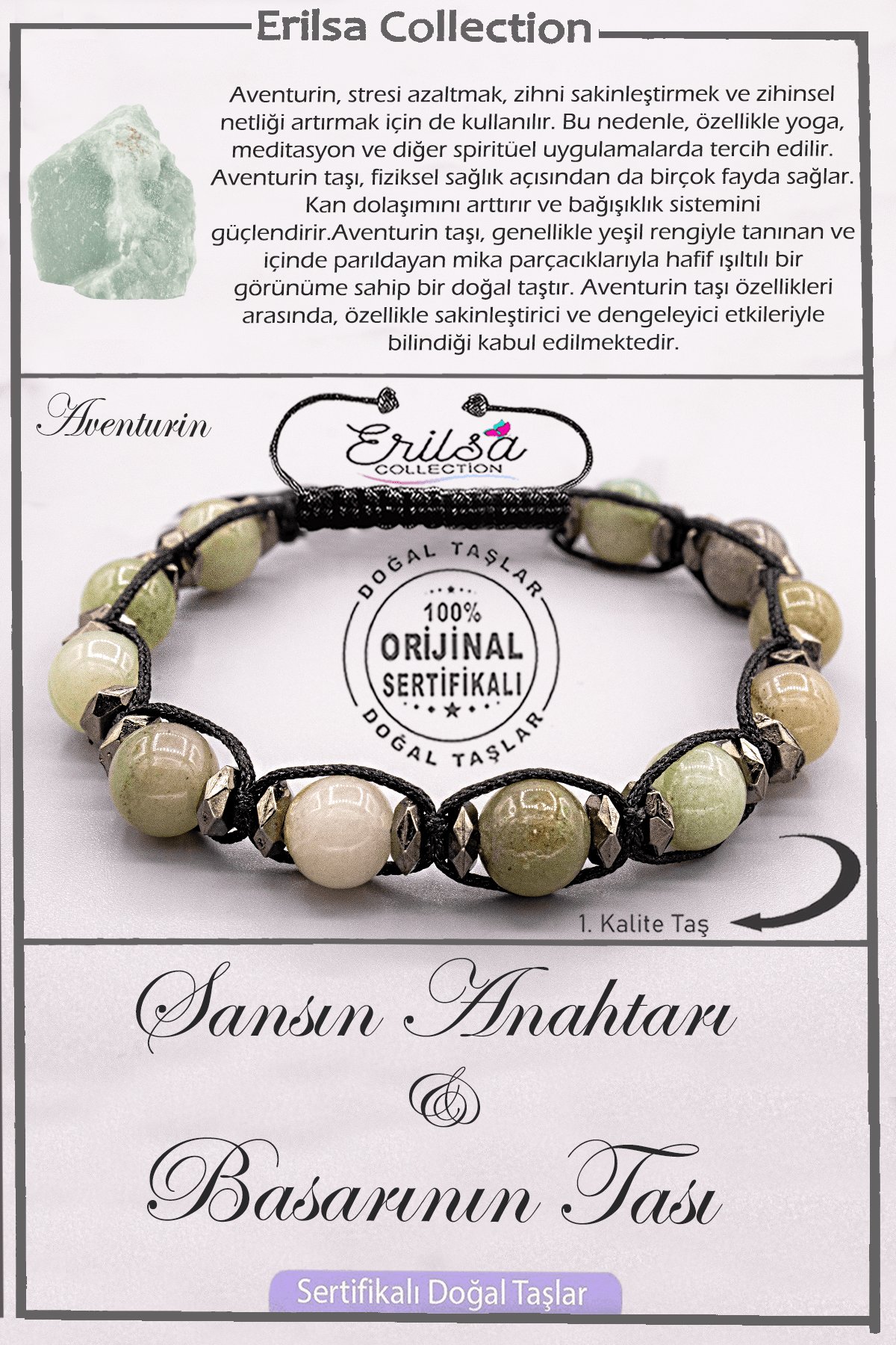 Sertifikalı AAA+ Kalite Doğal Aventurin Taşı - Şans Anahtarı Başarı Bilekliği