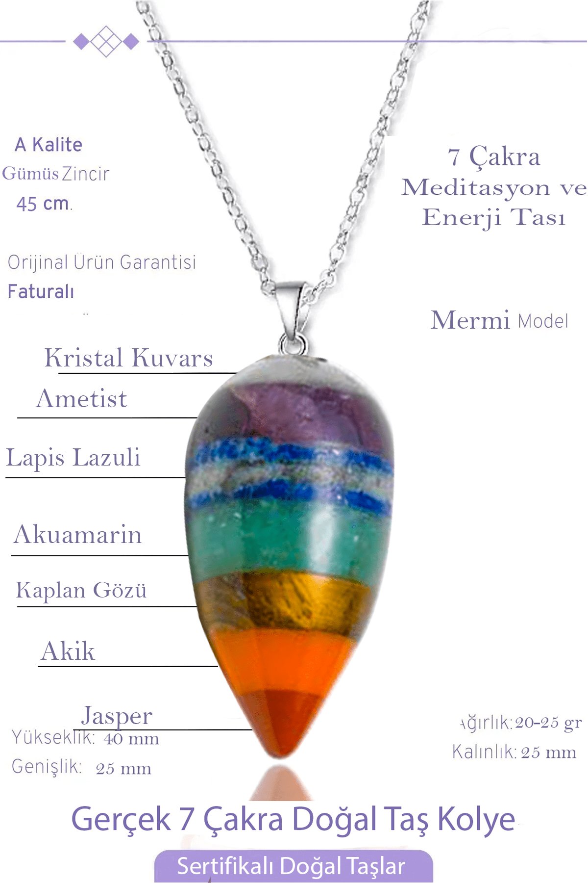 Sertifikalı Mermi Model Ametist Kaplan Gözü Lapis Akuamarin Jasper Akik Aventurin 7 Çakra Kolye