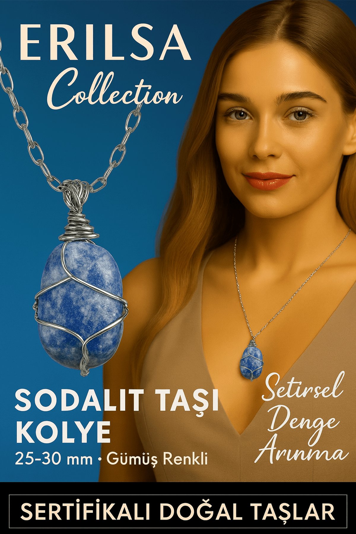 Sertifikalı Gümüş Tel Sargılı Doğal Sodalit Taşı Kolye – 25-30 mm Zihin ve Denge Taşı