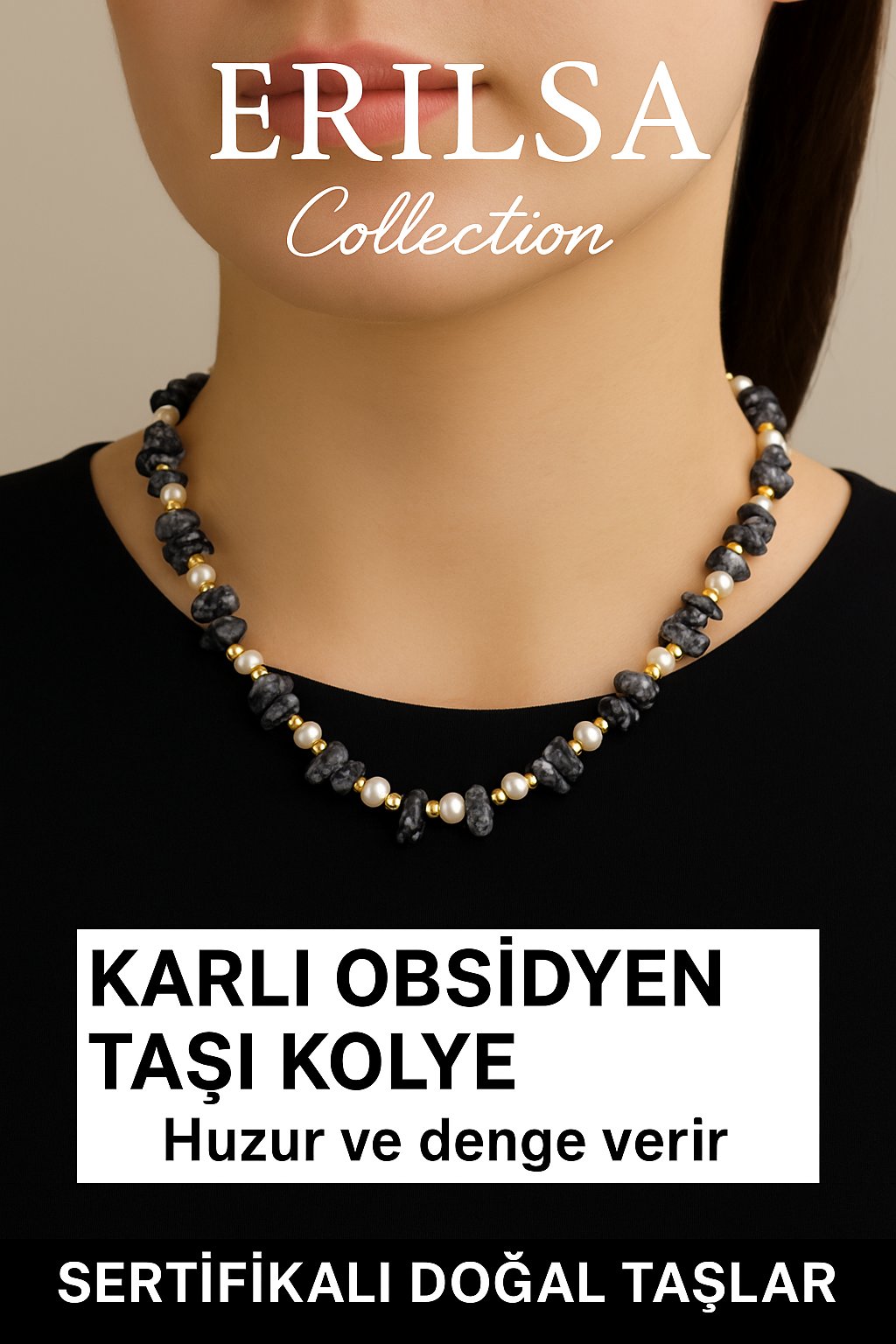 Sertifikalı Kırık Taşlı Model İnci - Karlı Obsidyen Taşı Kolye