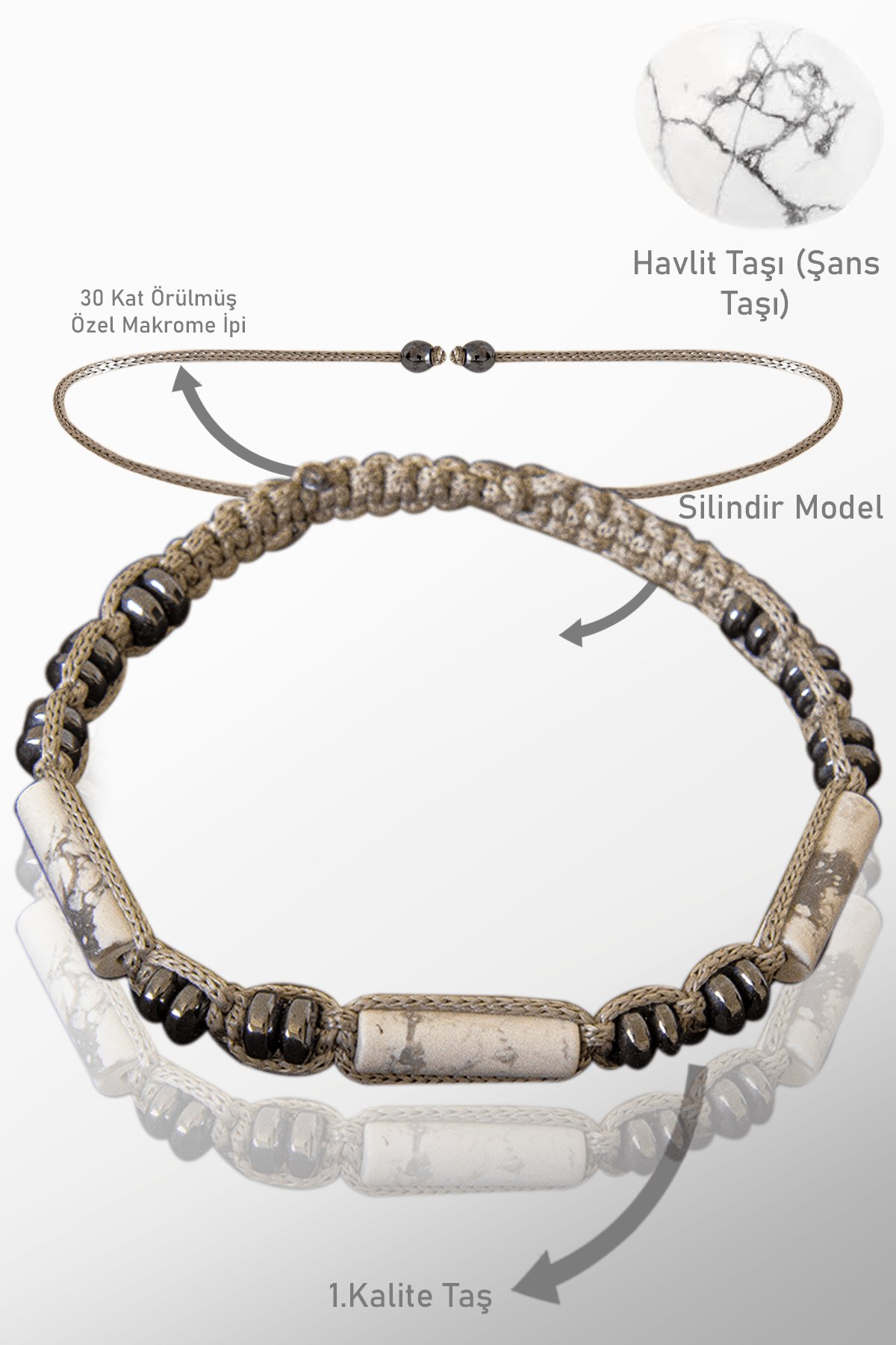 Sertifikalı Gerçek Hematit - Havlit Taşı Bileklik - Ayarlamalı