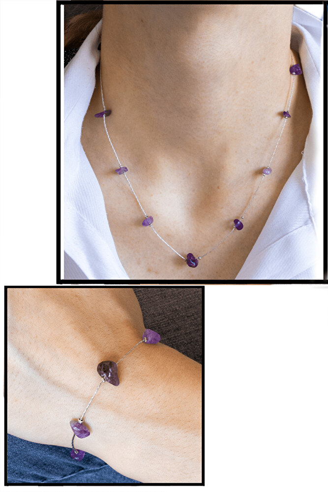 Sertifikalı Gümüş Ametist Taşlı Doğal Taş Kolye Bileklik Seti