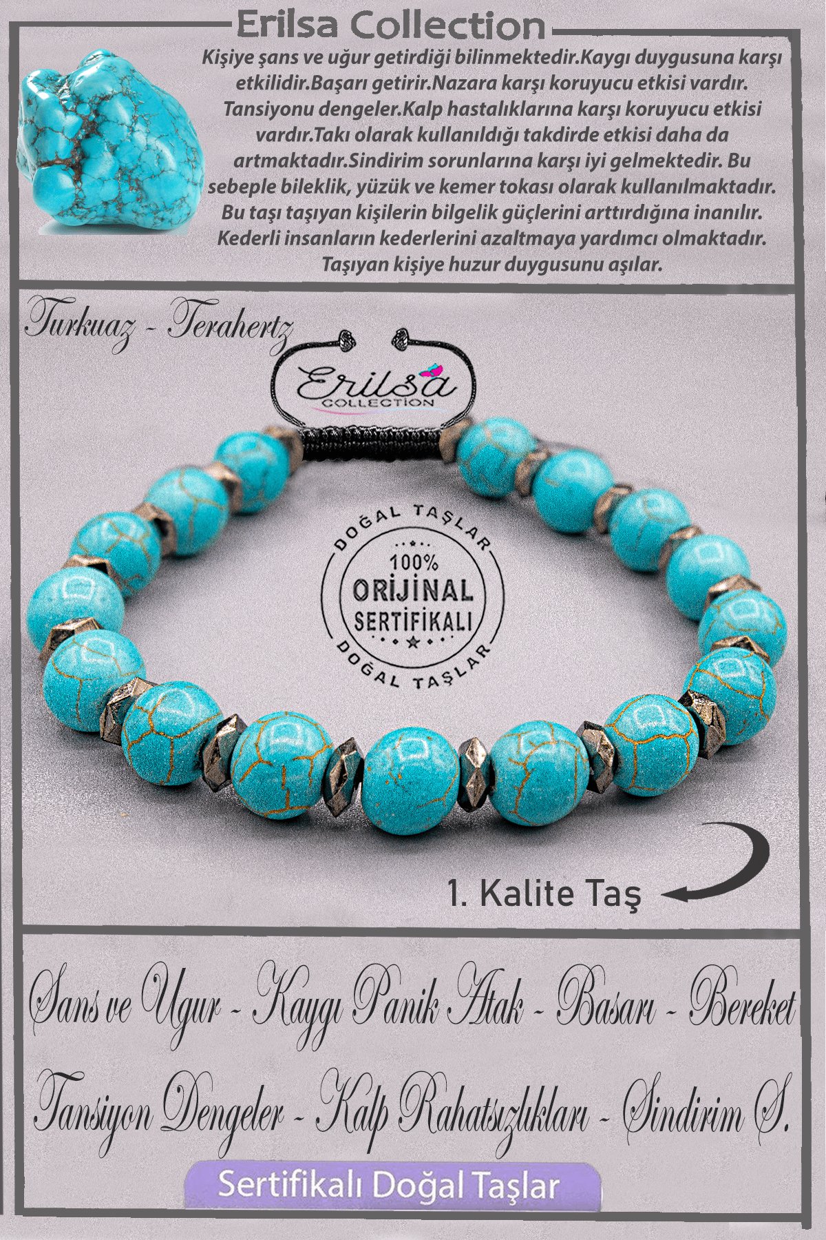 Sertifikalı AAA+ Kalite Terahertz - Firuze Taşı Bileklik (Turkuaz)