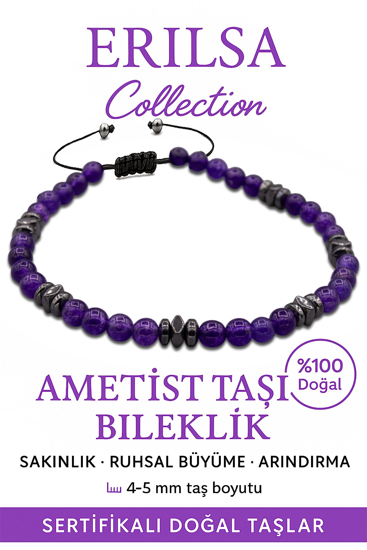 ertifikalı AAA+ Fasetli Terahertz ve Ametist Bileklik – İnce Model, Zihinsel Berraklık 