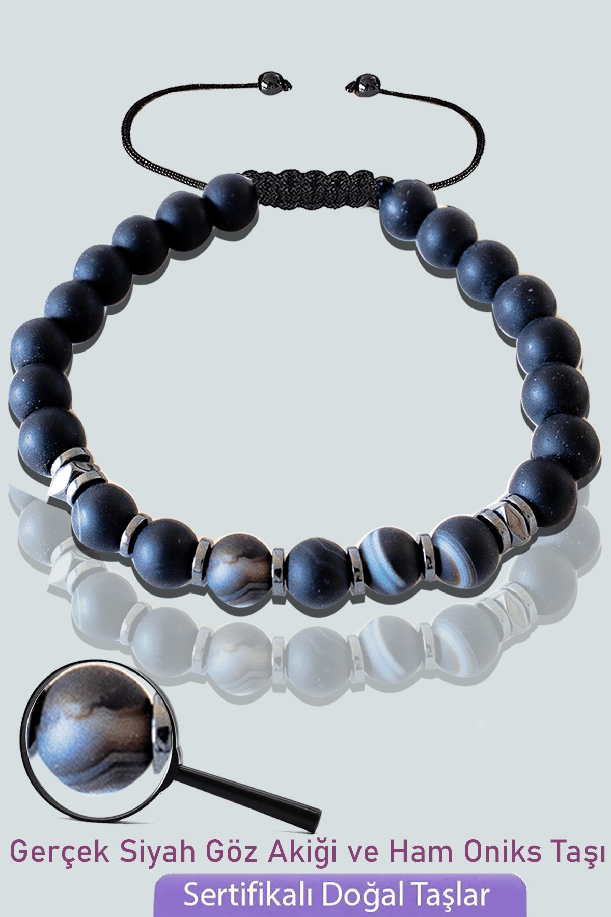 Sertifikalı Doğal Ham Oniks - Siyah Akik Taşı Bileklik - Ayarlamalı