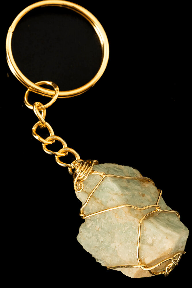 Sertifikalı Tel Sargılı Amazonit Taşı Anahtarlık - Altın Kaplama