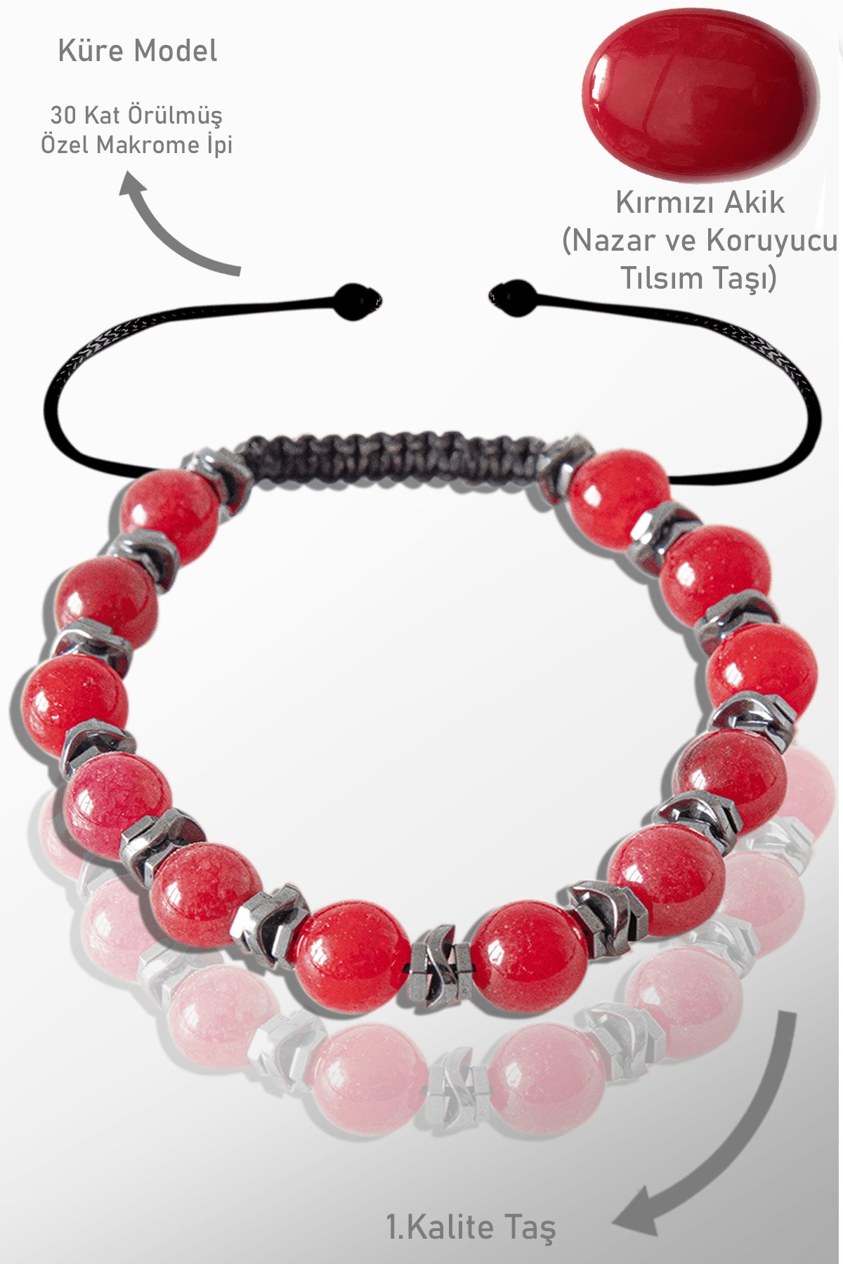 Sertifikalı Gerçek Hematit - Bayrak Kırmızı Akik Taşı Bileklik - Ayarlamalı