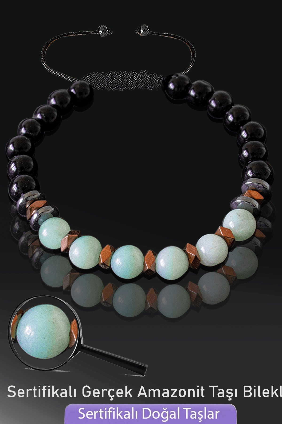 Sertifikalı Doğal Obsidyen - Amazonit Taşı Bileklik - Ayarlamalı