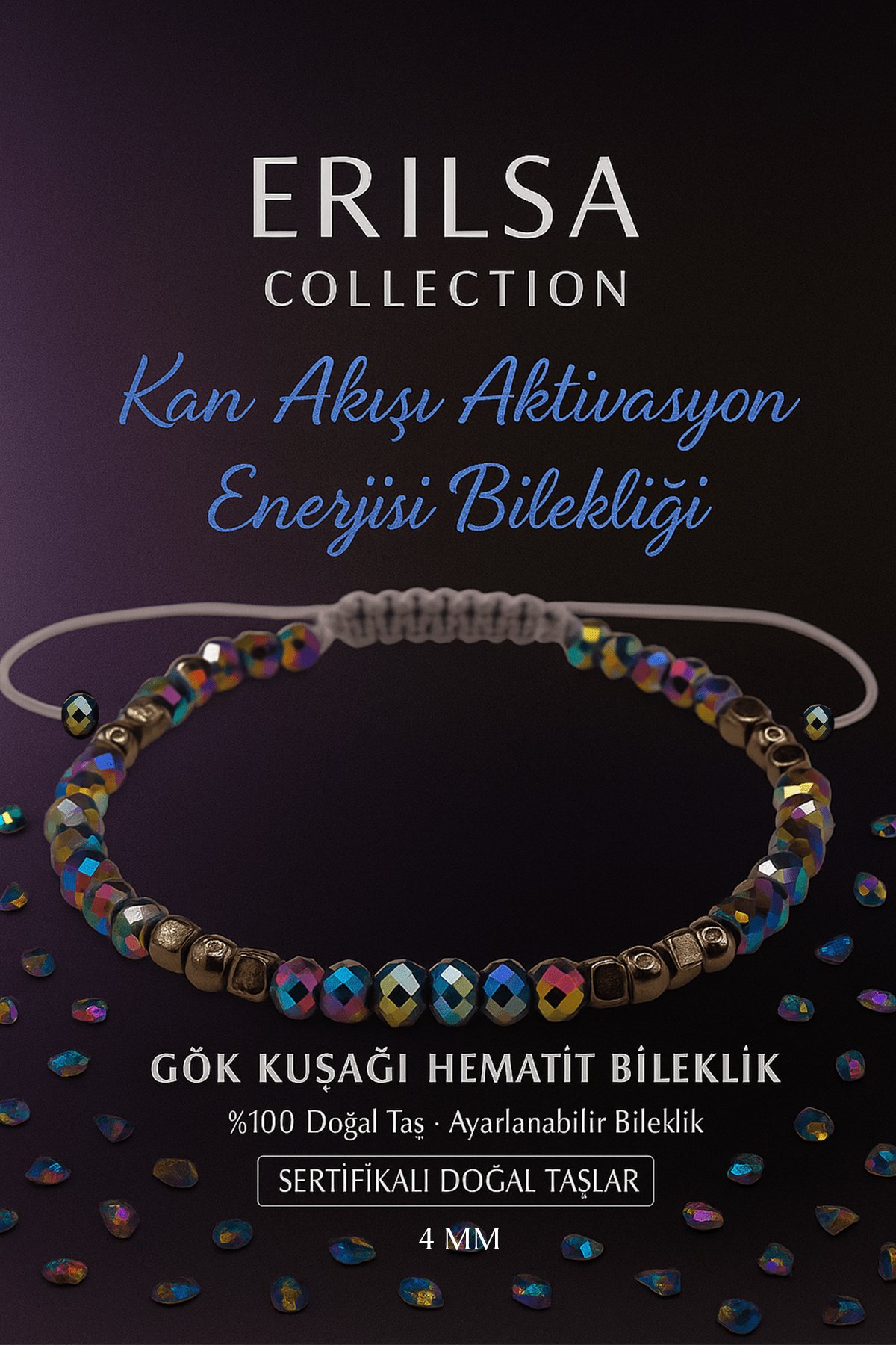 Sertifikalı Kan Akışı Aktivasyon Enerji Dengesi Bilekliği - Gökkuşağı Hematit Terahertz Taşı 4mm