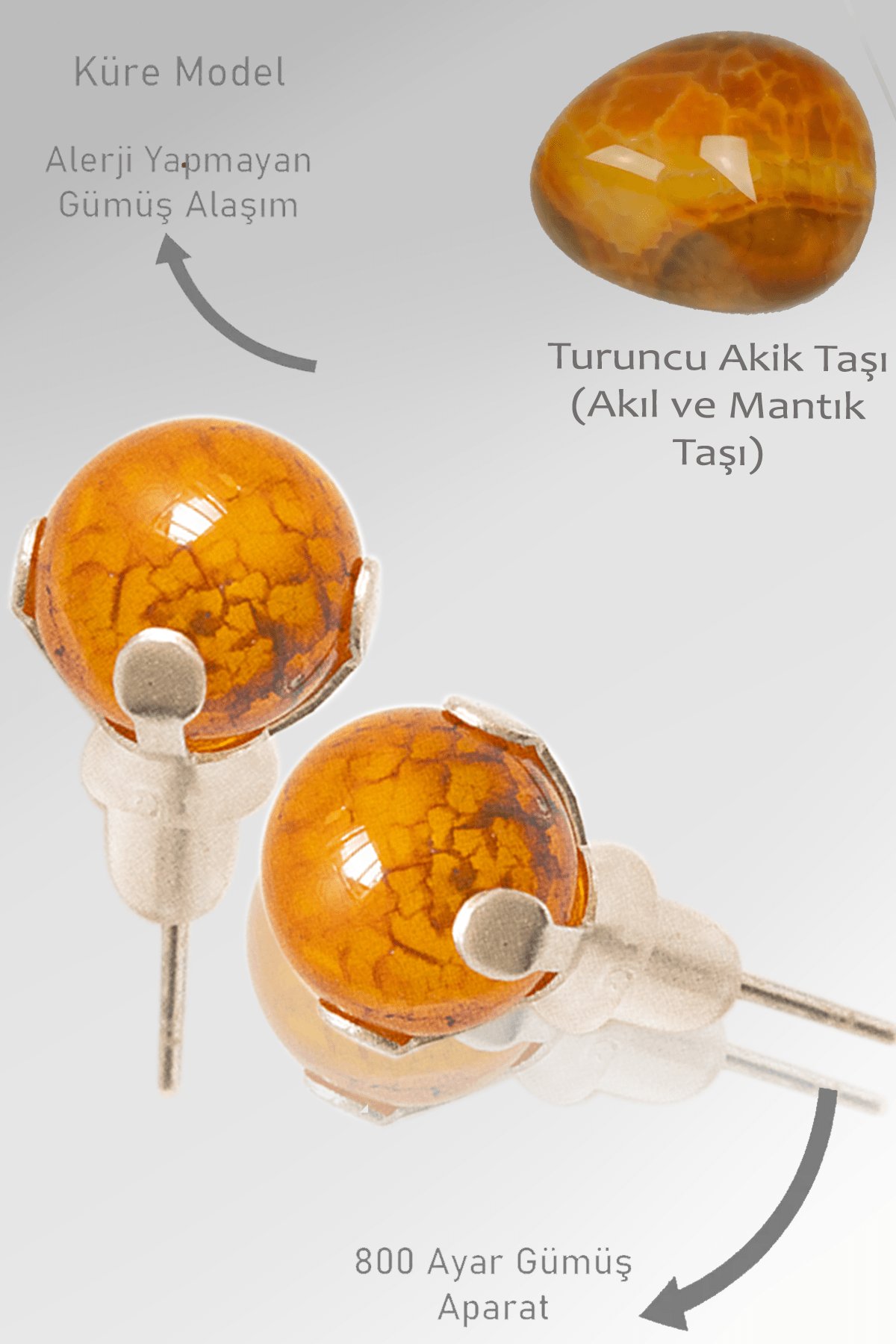 Sertifikalı Turuncu - Sarı Ejderha Akik Taşı Nokta Doğal Taş Küpe