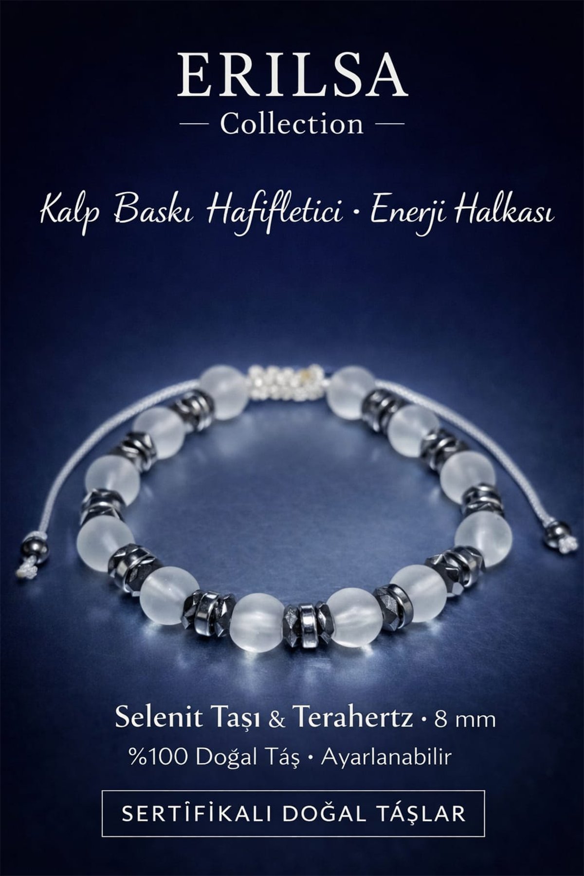 Sertifikalı Kalp Baskı Hafifletici Enerji Bilekliği – Selenit Taşı ve Terahertz Doğal Taş