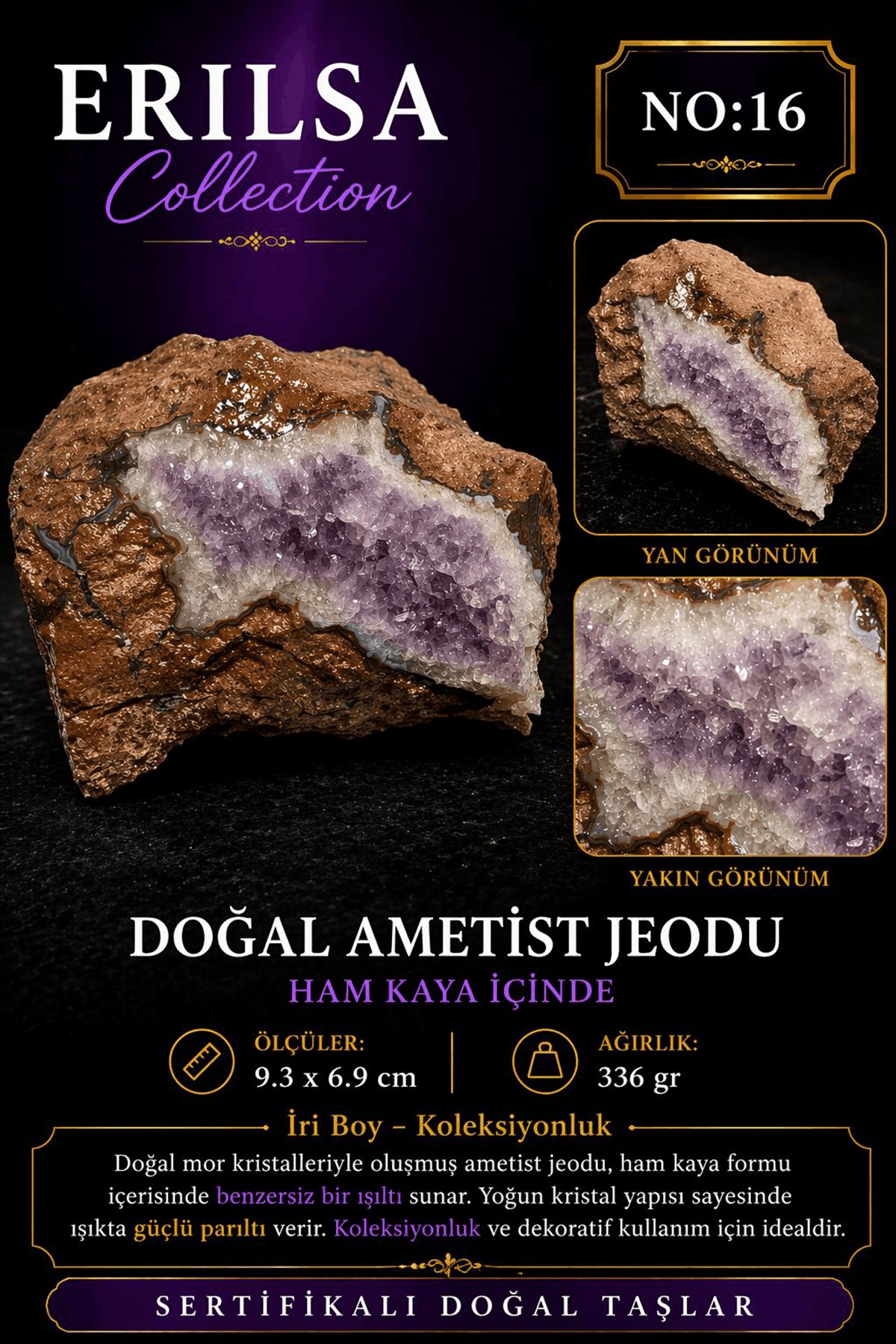 Sertifikalı Doğal Ametist Jeodu Taşı Kütle İri Boy Ham Kaya Kristalli Mor Ametist Dekoratif Parça