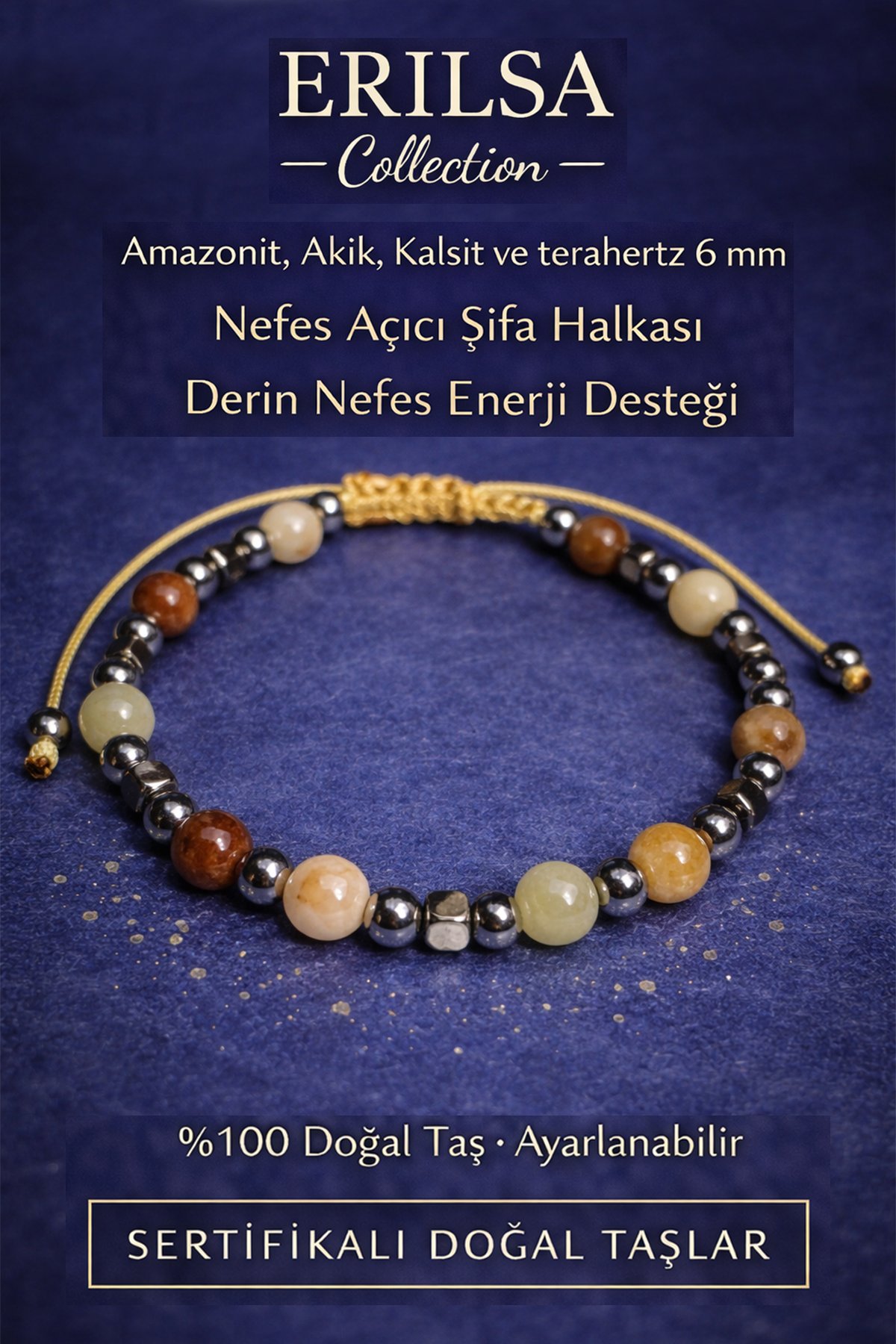 Sertifikalı Nefes Açıcı Şifa Halkası Derin Nefes Enerji Destek Bilekliği – Amazonit Akik Kalsit Taş