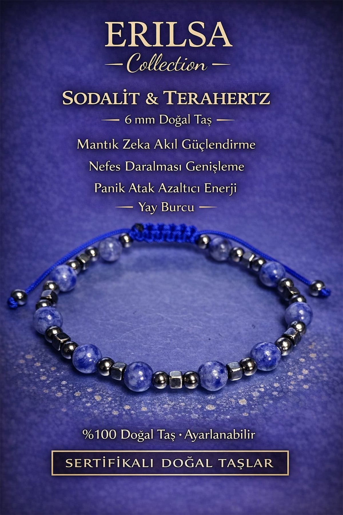 Sertifikalı Zihinsel Odak Ve Nefes Genişletme Bilekliği – Sodalit Ve Terahertz 6 Mm Doğal Taş
