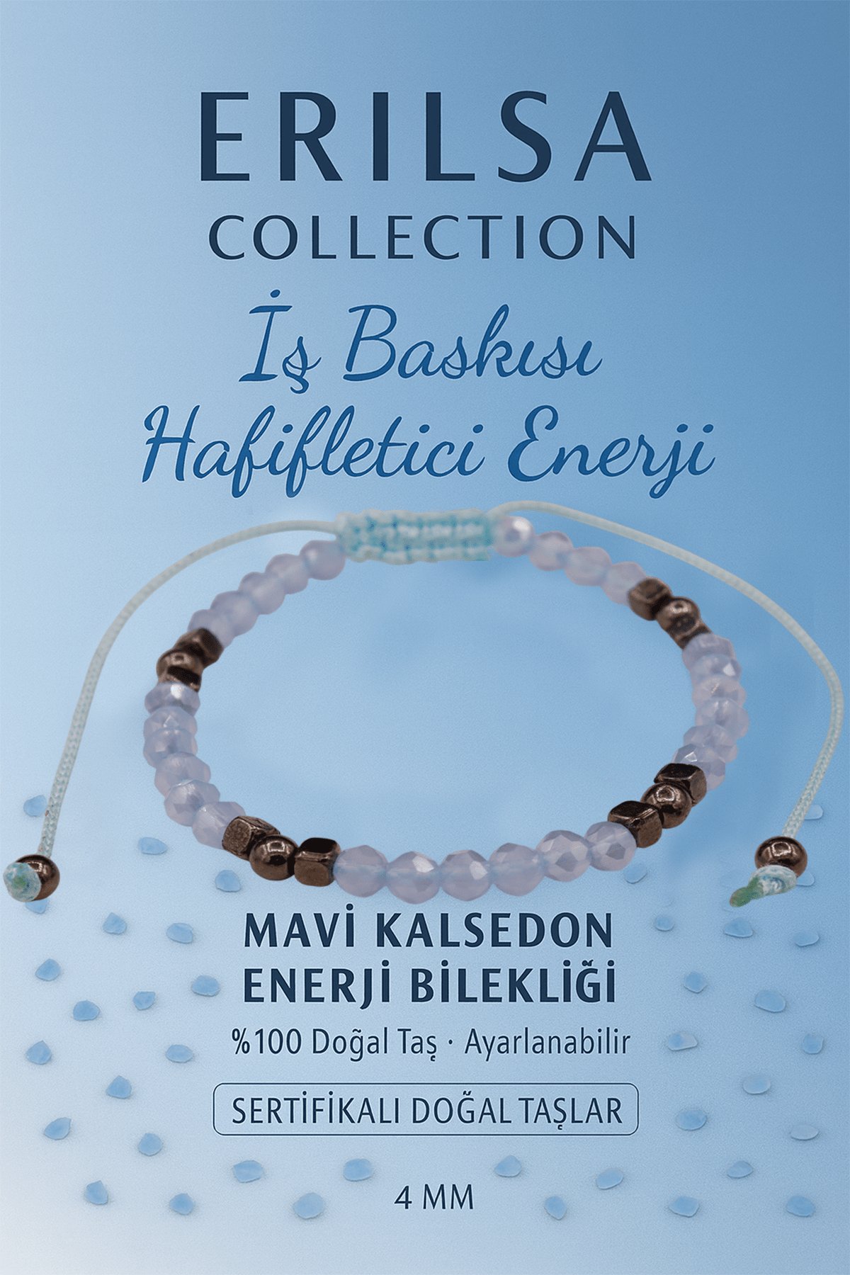 Sertifikalı İş Baskısı Hafifletici Enerji Bilekliği - Mavi Kalsedon ve Terahertz Doğal Taş 4 mm