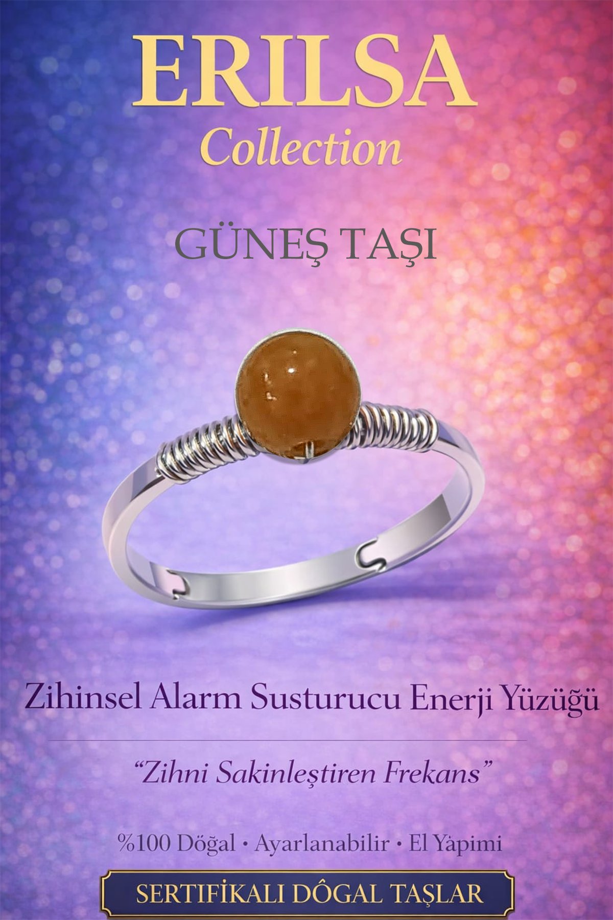 Sertifikalı Zihinsel Sakinleşme Enerji Yüzüğü – Güneş Taşı Ayarlamalı İnce İkizler Terazi Kova Burcu