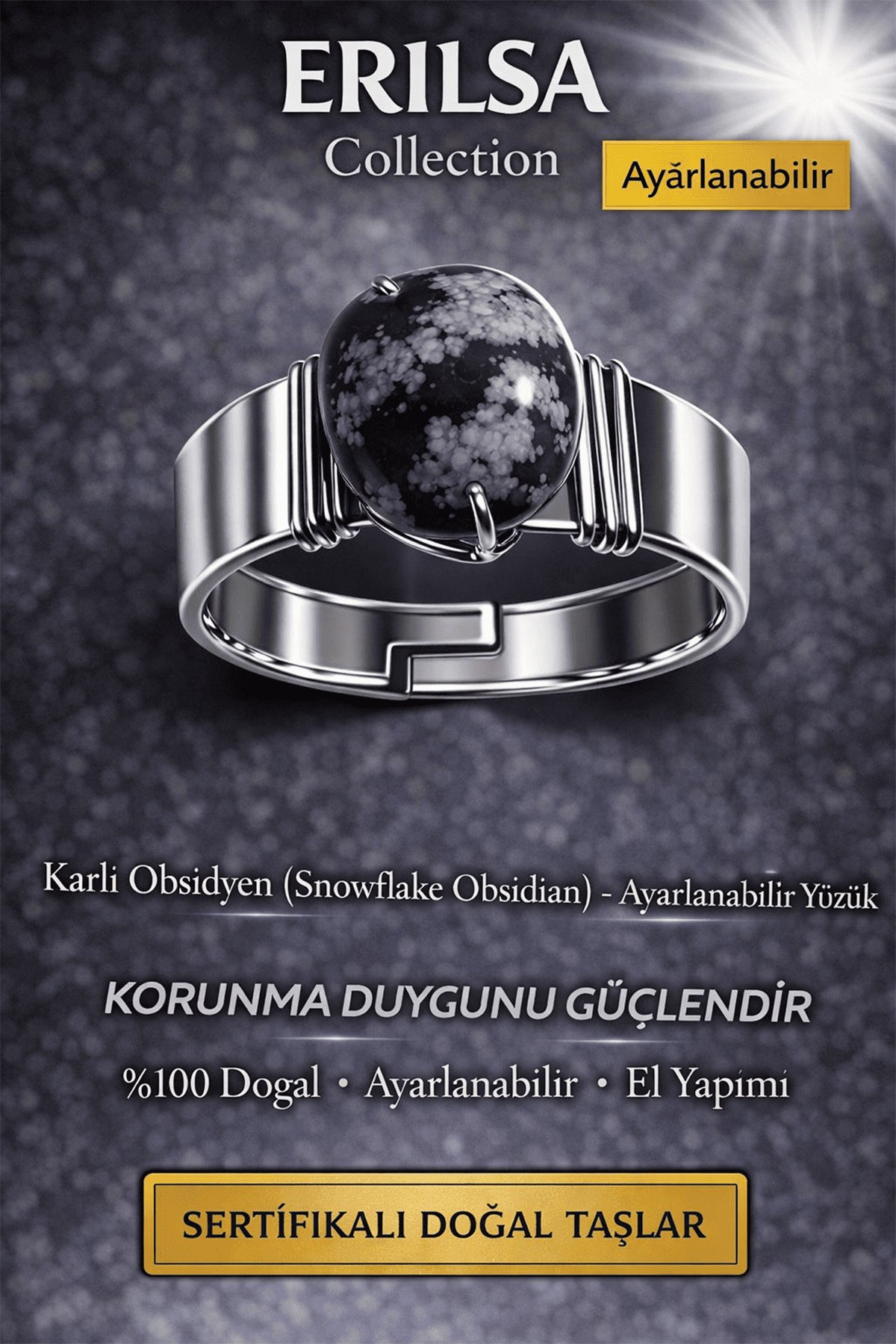 Sertifikalı Karlı Obsidyen Doğal Taş Ayarlanabilir Yüzük – Koruyucu Enerji Taşı El Yapımı