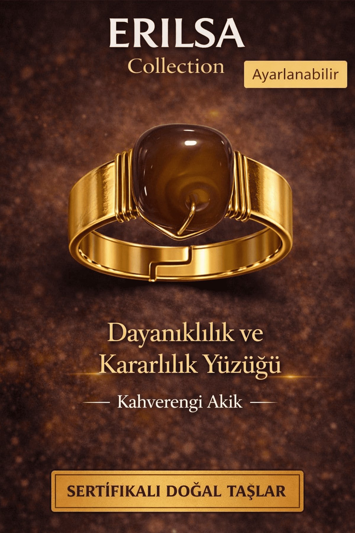 Sertifikalı Kahverengi Akik Doğal Taş Yüzük – Dayanıklılık ve Kararlılık Ayarlanabilir