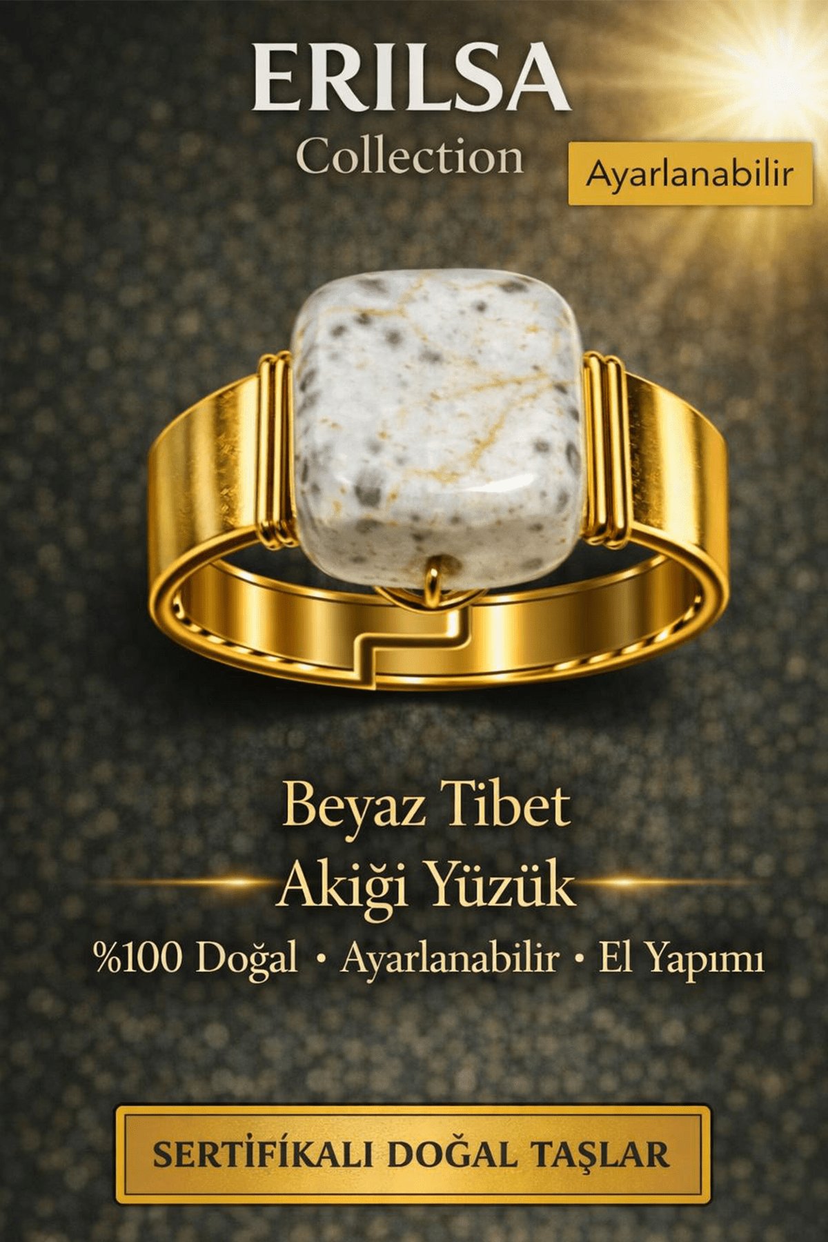 Sertifikalı Beyaz Tibet Akik Yüzük Doğal Taş Yüzük Ayarlanabilir El Yapımı Enerji Taşı