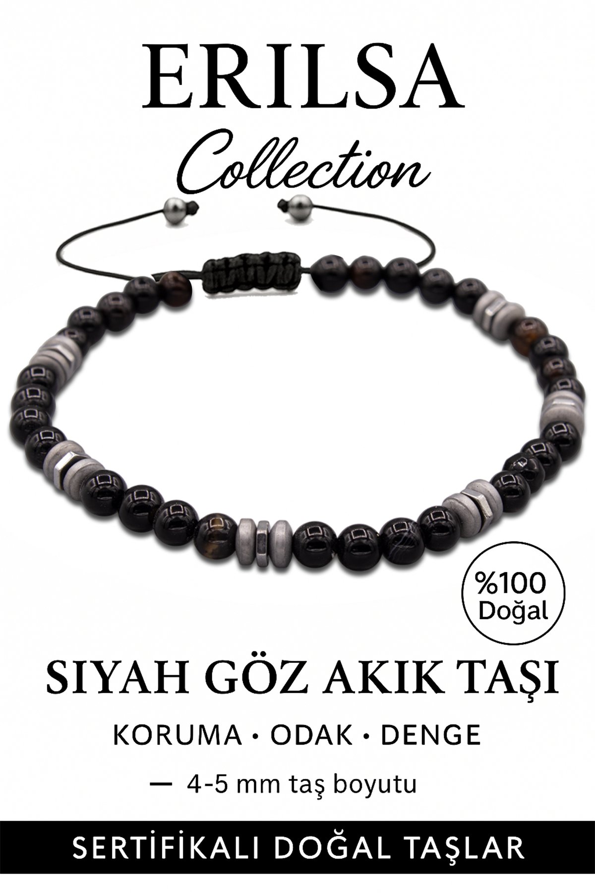 Sertifikalı Terahertz – Siyah Göz Akiği Taşı Bileklik (İnce Model) – Nazar Koruması, Odak ve İçsel Güç Taşı