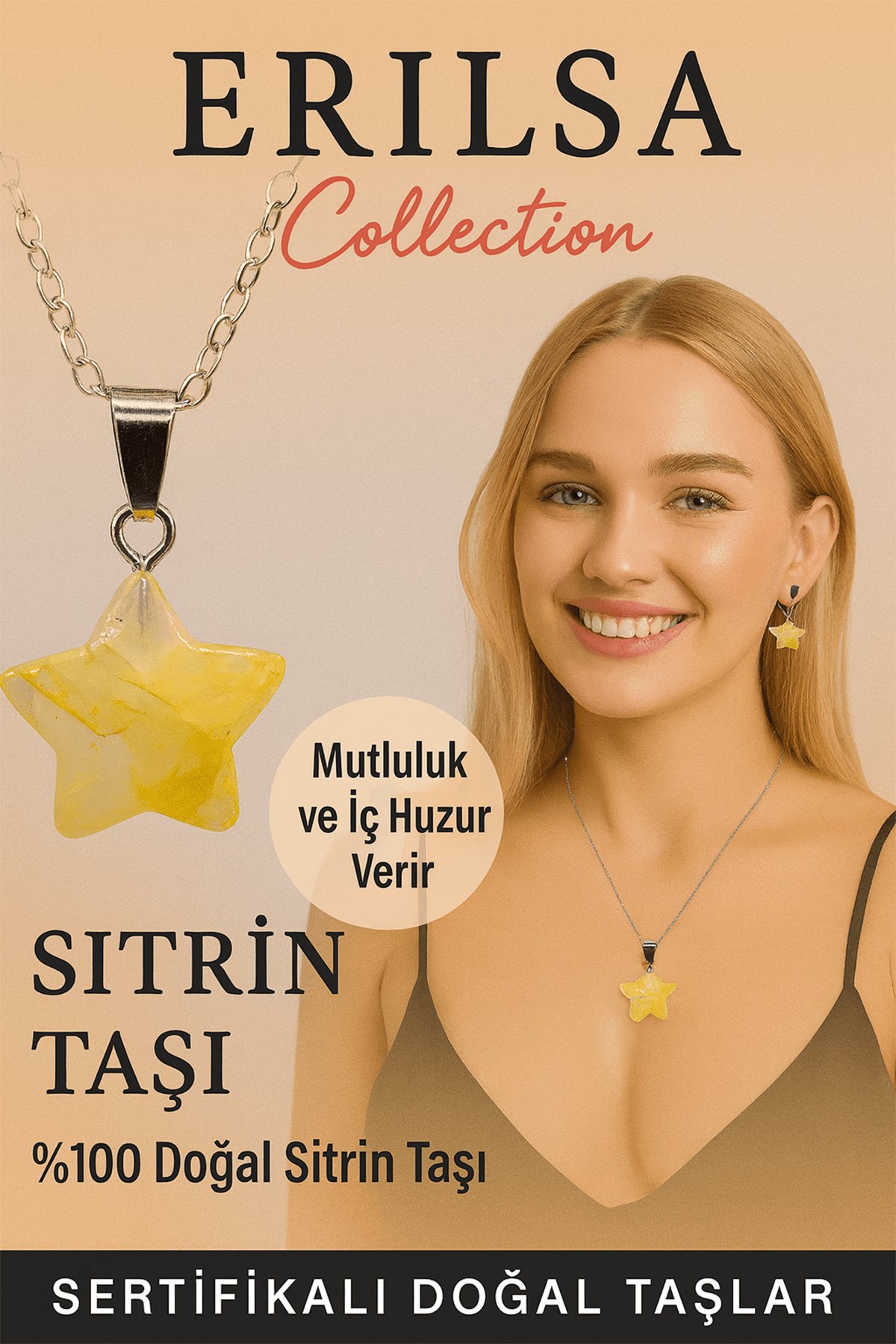 Sertifikalı Yıldız Model Sitrin Doğal Taş Kolye – Enerji Canlılık Bolluk ve Bereket Taşı