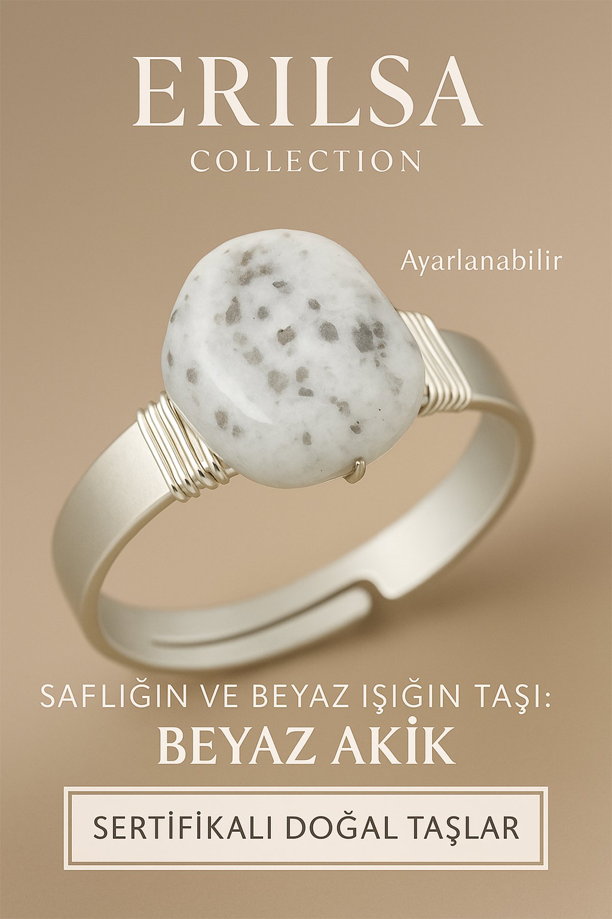 Sertifikalı Doğal Beyaz Akik Taşı Yüzük – Ayarlanabilir Kalın Tımbıl Kasa