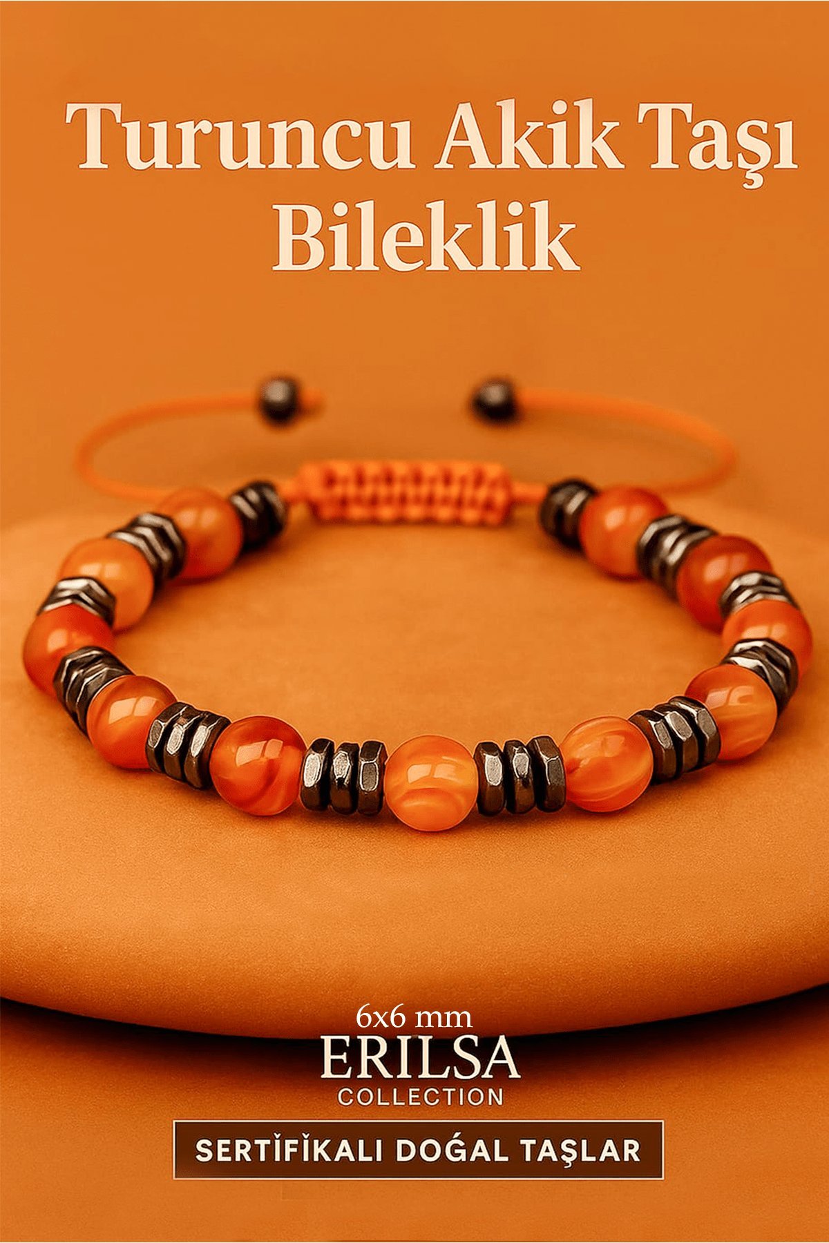 Sertifikalı Turuncu Akik Taşı Bileklik 6x6 mm – Canlılık, Cesaret ve Motivasyon Taşı