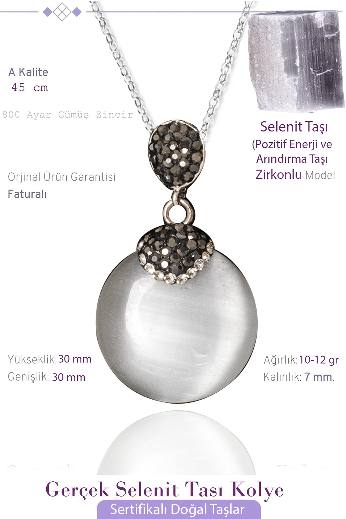 Sertifikalı Zirkon Model Taşlı Yuvarlak Selenit Taşı Kolye