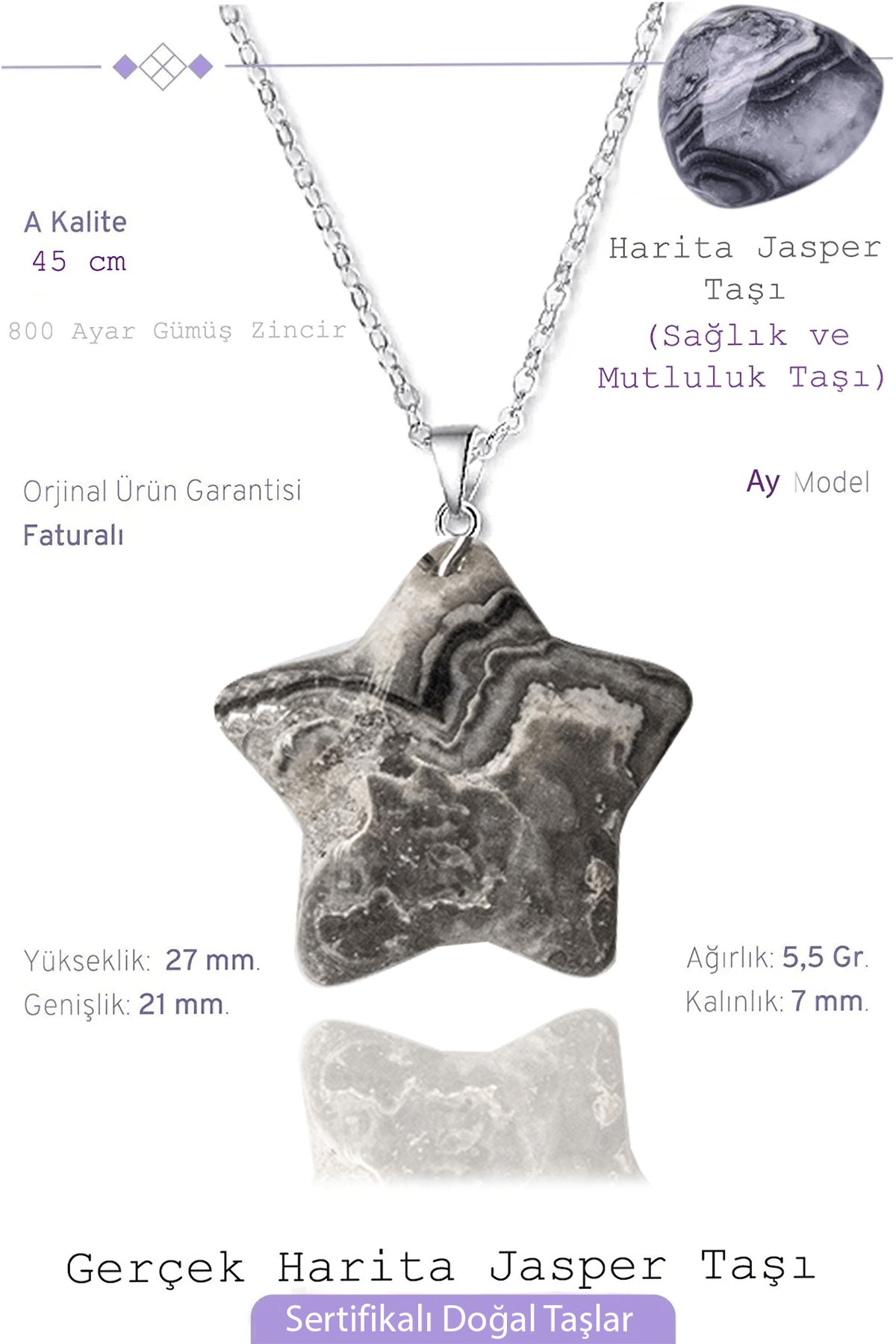 Sertifikalı Yıldız Model Gerçek Harita Desenli Jasper Taşı Kolye