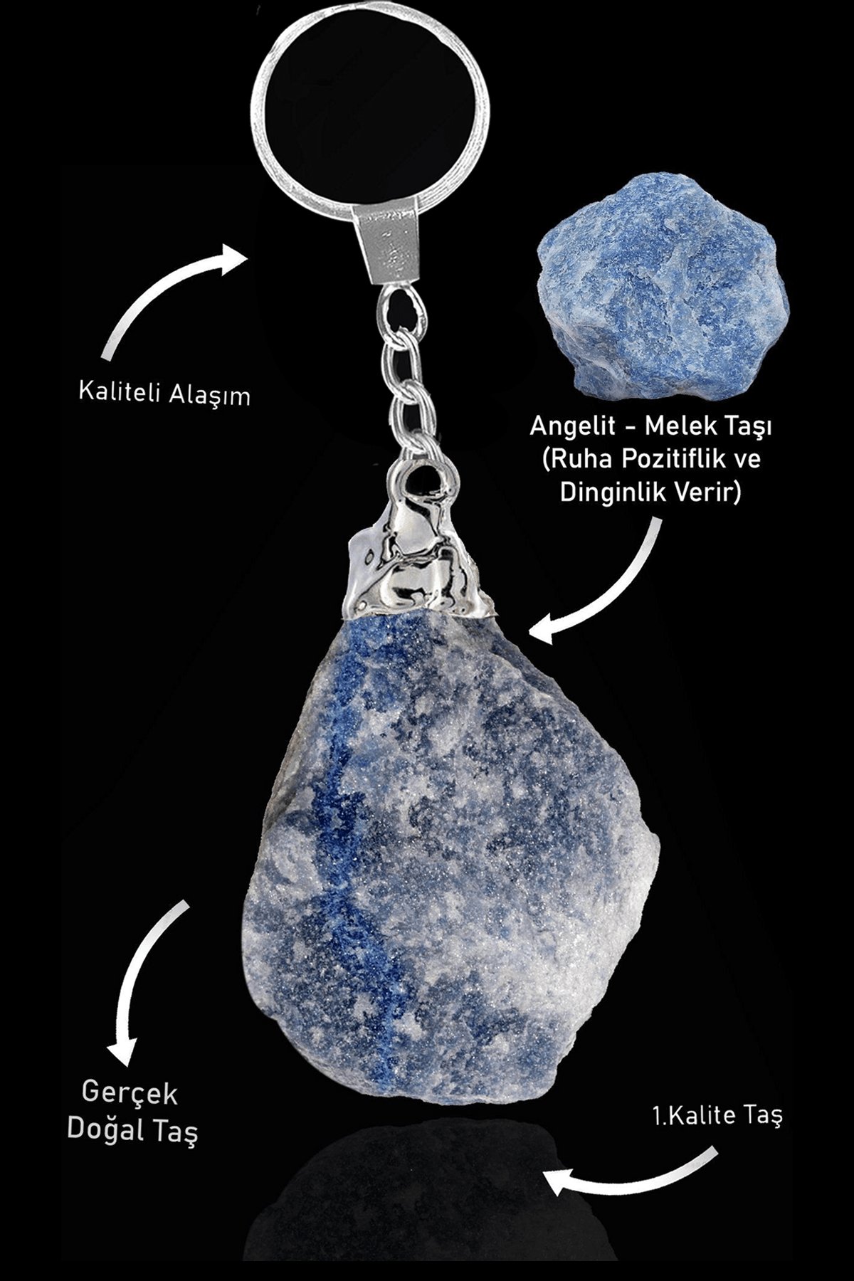 Sertifikalı Ham İşlenmemiş Model Angelit Taşı Doğal Taş Anahtarlık (Melek Taşı)