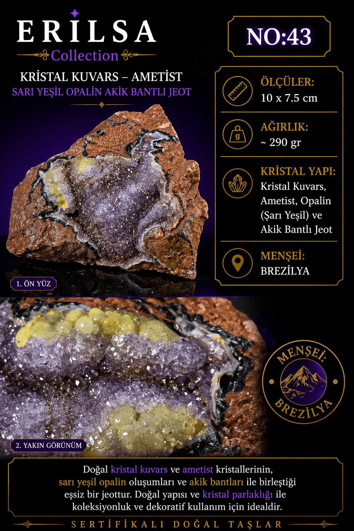 Sertifikalı Kristal Kuvars Ametist Sarı Yeşil Opalin Akik Bantlı Jeot NO43