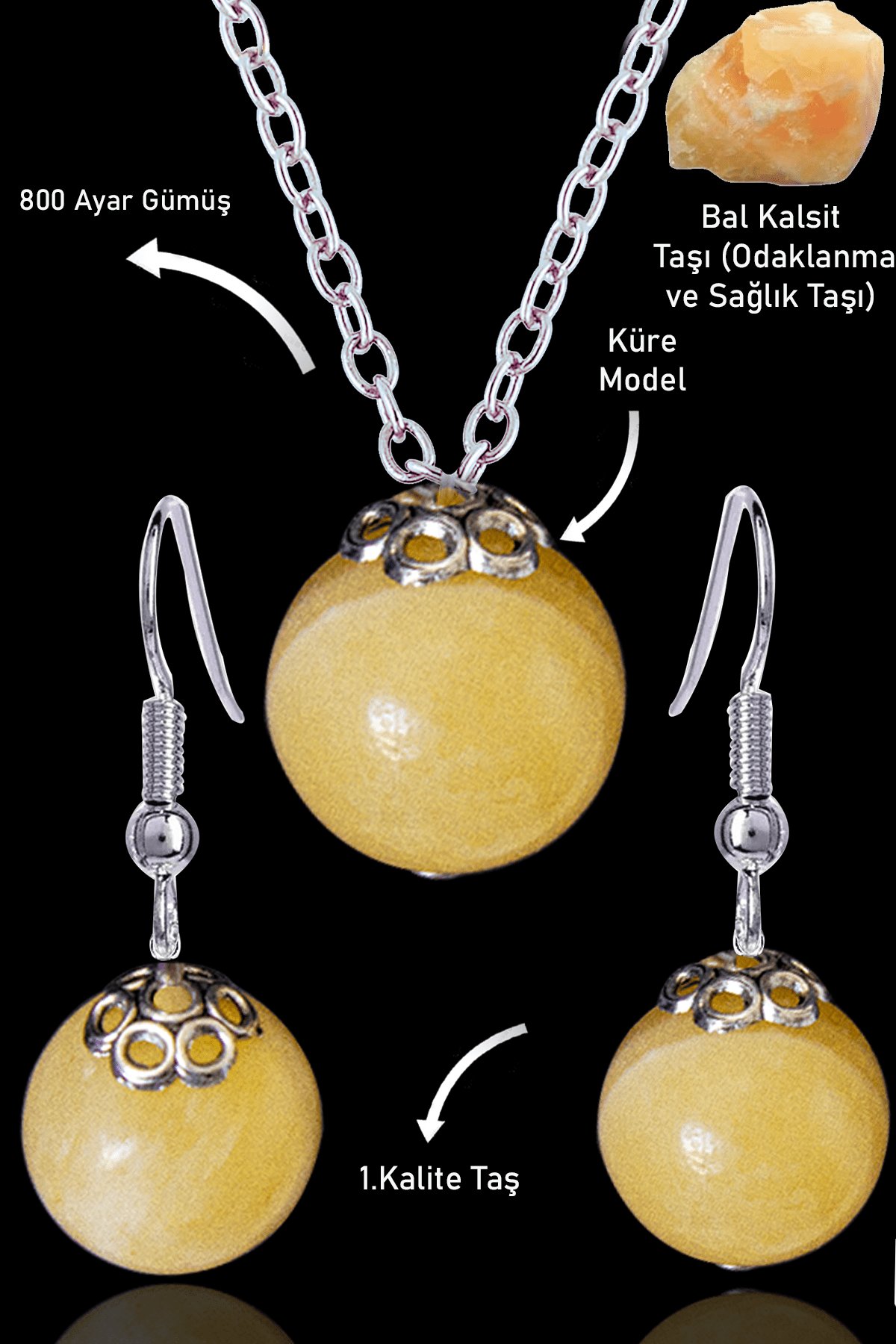Sertifikalı Küre Model Bal Kalsit Taşı Kolye ve Küpe Seti - Gümüş Aparatlı