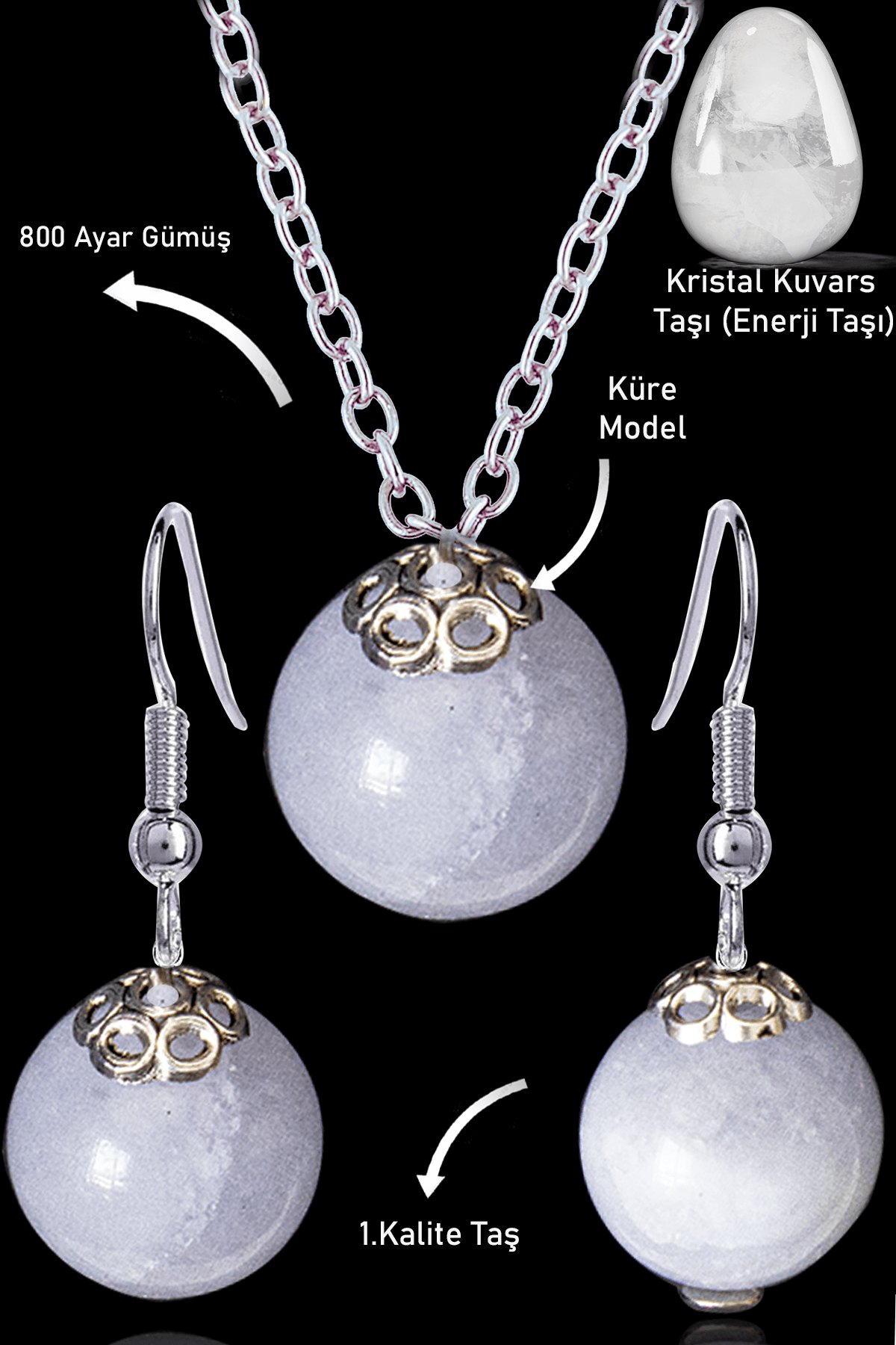 Sertifikalı Küre Model Kristal Kuvars Taşı Kolye ve Küpe Seti - Gümüş Aparatlı