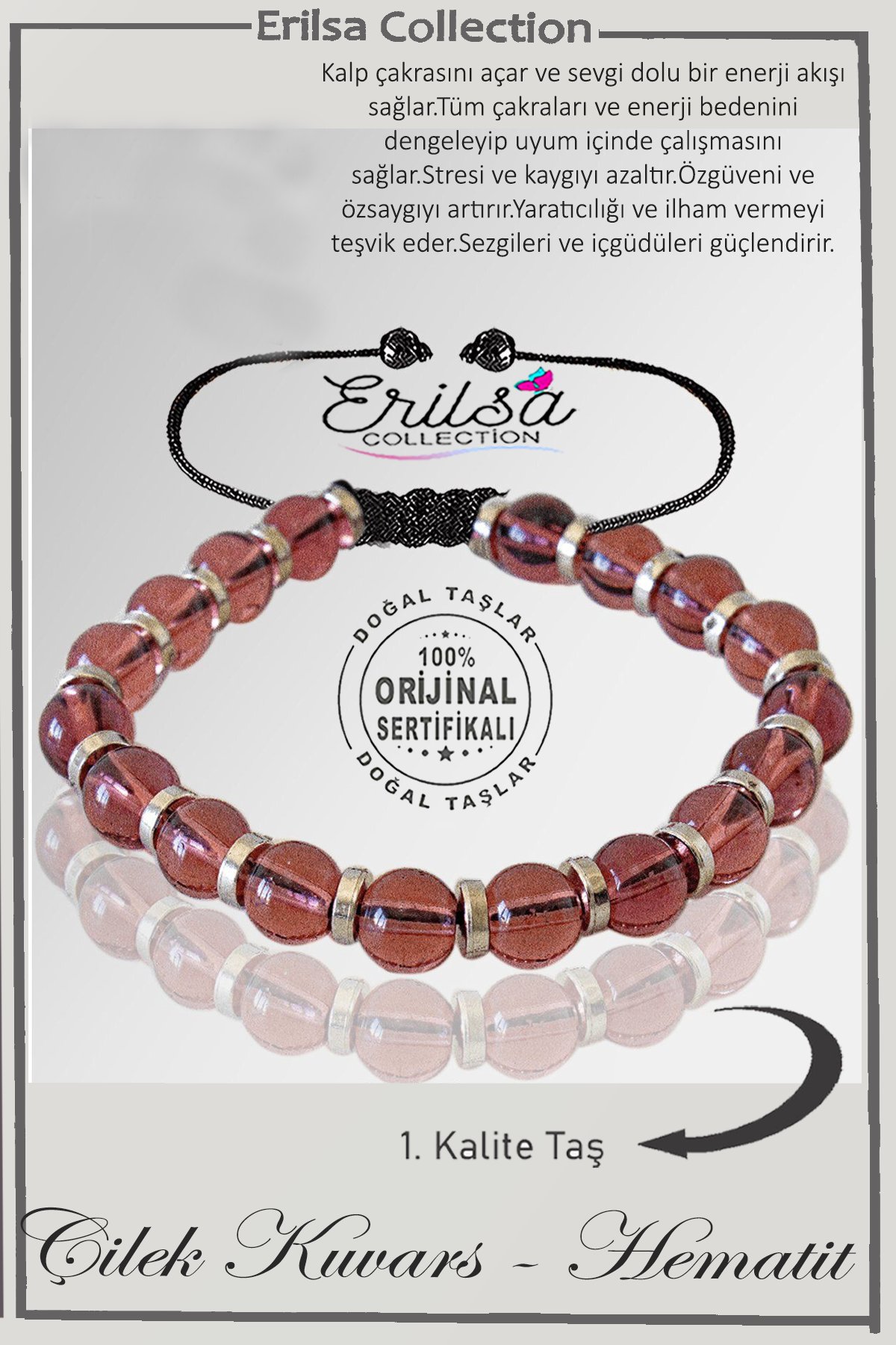 Sertifikalı Silver Fasetli Hematit - Çilek Kuvars Taşı Bileklik - Ayarlamalı