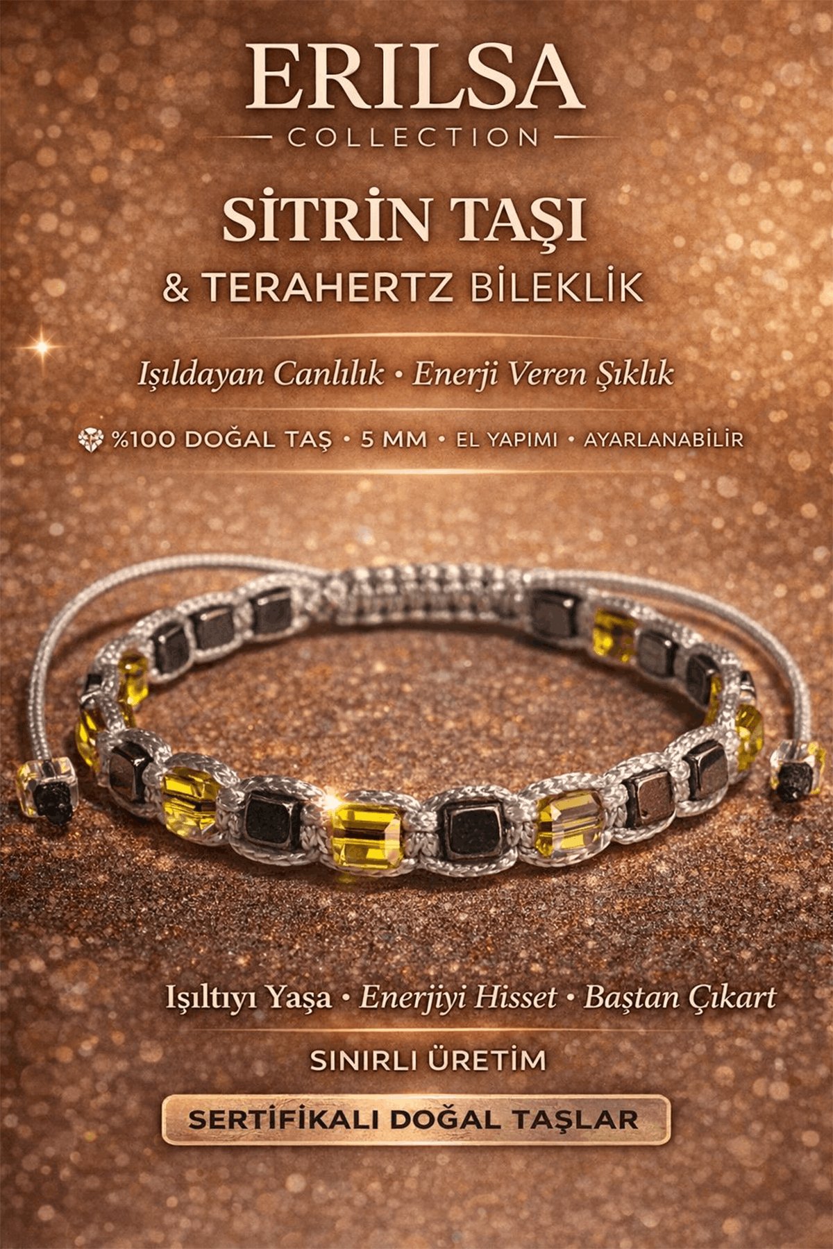 Sertifikalı Doğal Taş Sitrin Taşı Terahertz Bileklik Küp Kesim Fasetli Parlak Enerji Bilekliği Unisex Ayarlanabilir