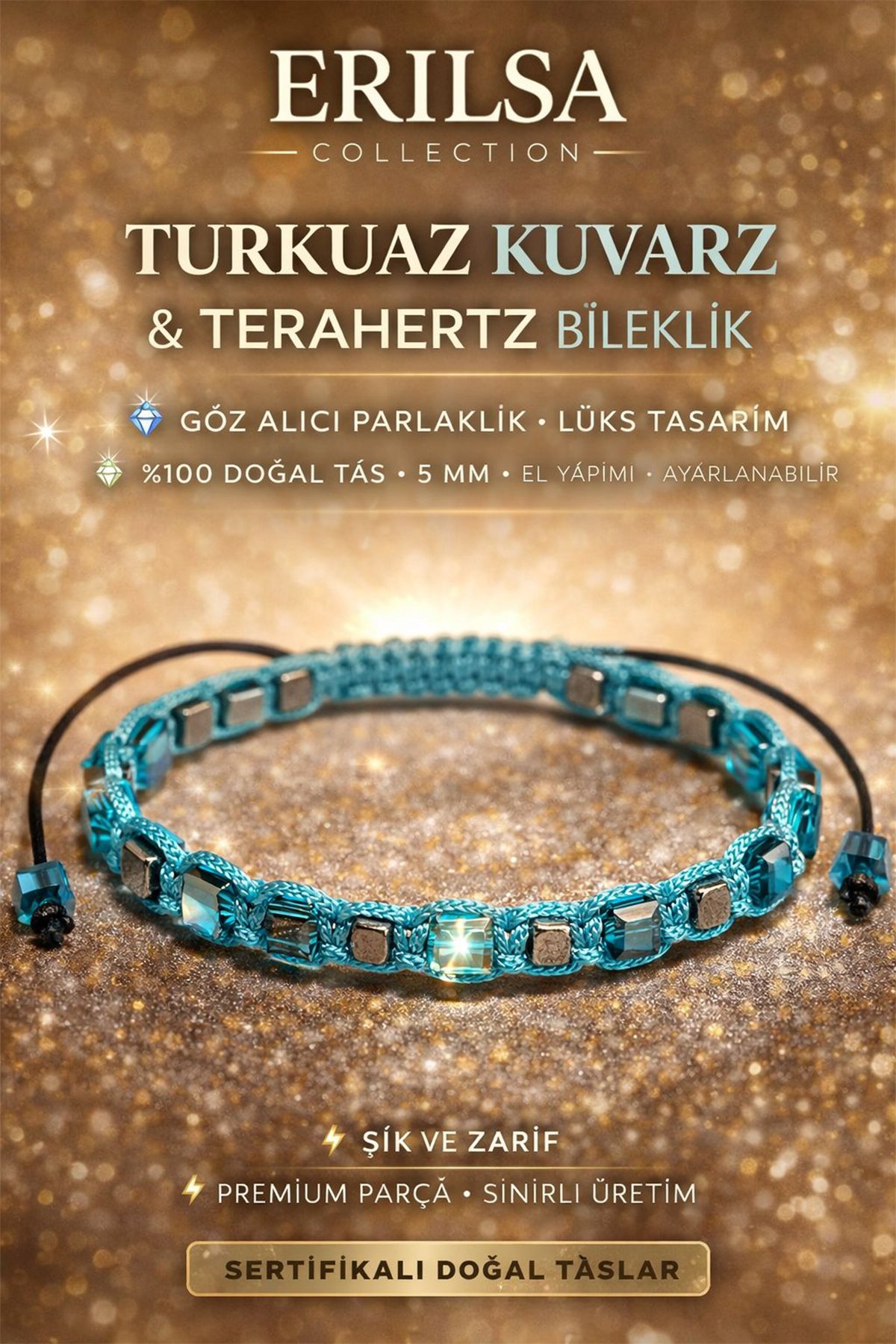 Sertifikalı Doğal Taş Turkuaz Kuvars Terahertz Bileklik - Küp Kesim Fasetli Parlak Bileklik