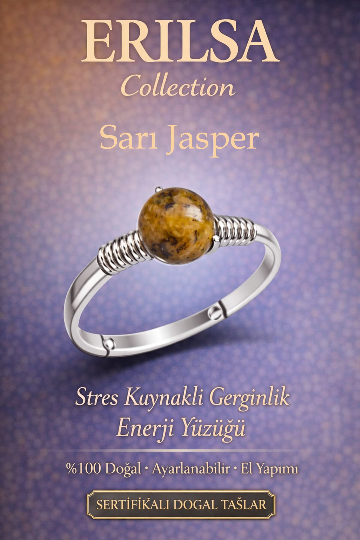 Sertifikalı Stres Azaltıcı Enerji Yüzüğü – Sarı Jasper Ayarlanabilir İnce Kasa Başak Boğa Burcu