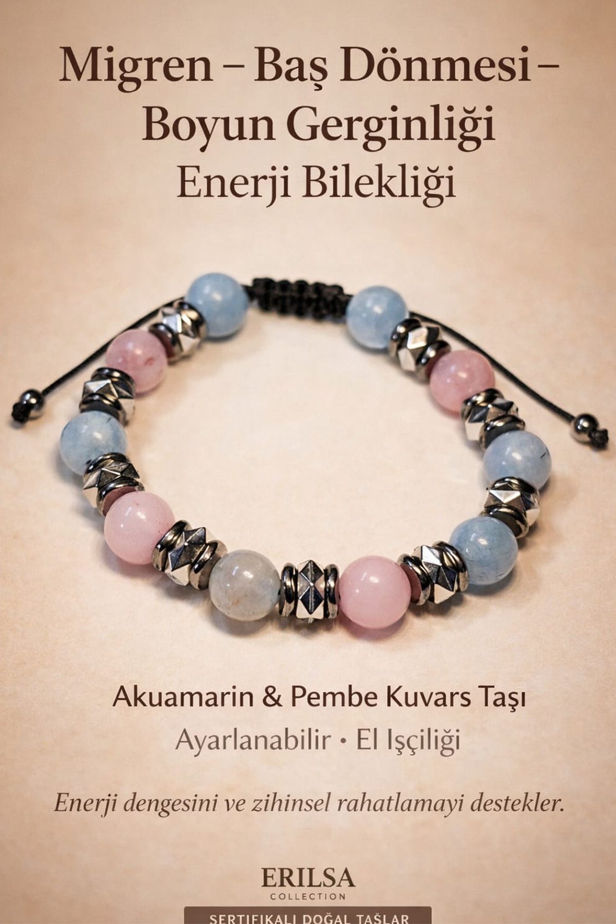 Sertifikalı Migren Baş Dönmesi Boyun Gerginliği Enerji Bilekliği – Akuamarin - Pembe Kuvars Taşı