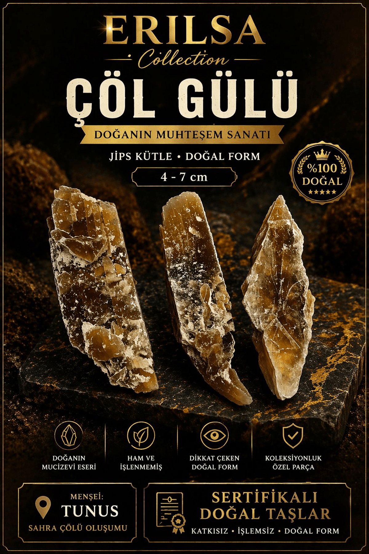 Sertifikalı Çöl Gülü Taşı Kütle - 4-7 cm Doğal Kristal Ham Form Toplu