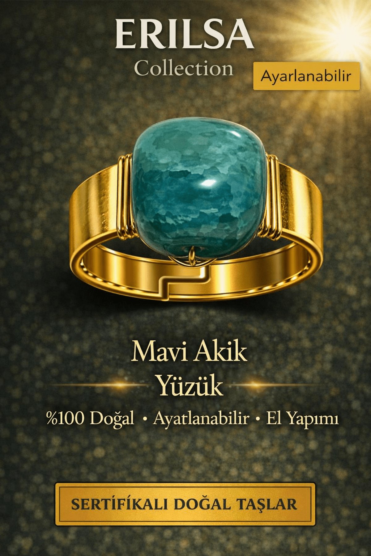 Sertifikalı Mavi Akik Yüzük Doğal Taş Yüzük Ayarlanabilir El Yapımı Enerji Taşı