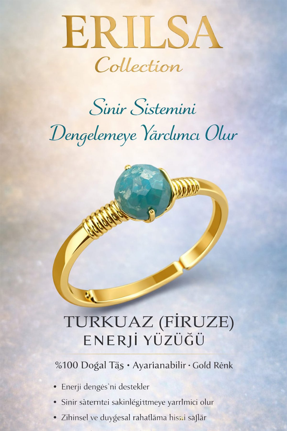 Sertifikalı Sinir Sistemi Denge Yüzüğü – Turkuaz Firuze Ayarlanabilir Gold Terazi Balık Burcu