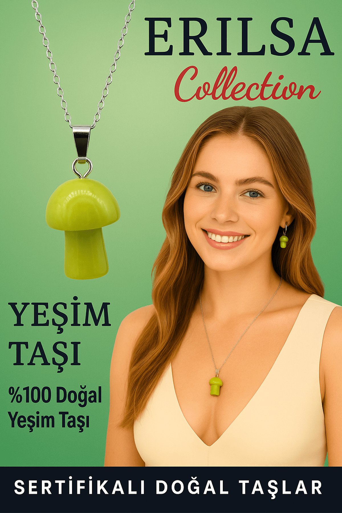 Sertifikalı Mantar Model Yeşim Taşı Kolye Doğal Şifa Denge ve Enerji Veren Kolye