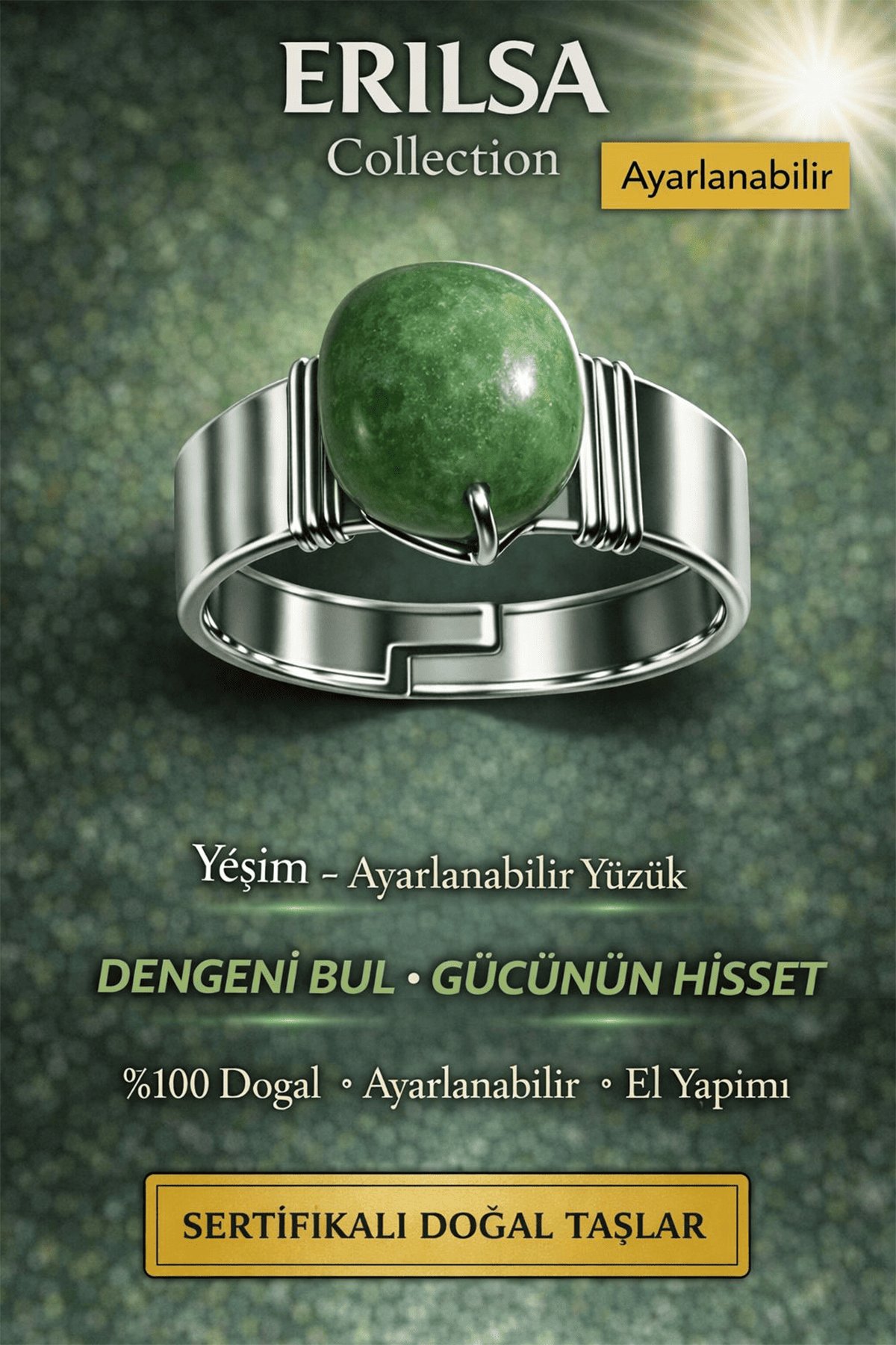 Sertifikalı Yeşim Taşı Yüzük Doğal Taş Ayarlanabilir El Yapımı Şans ve Denge Taşı