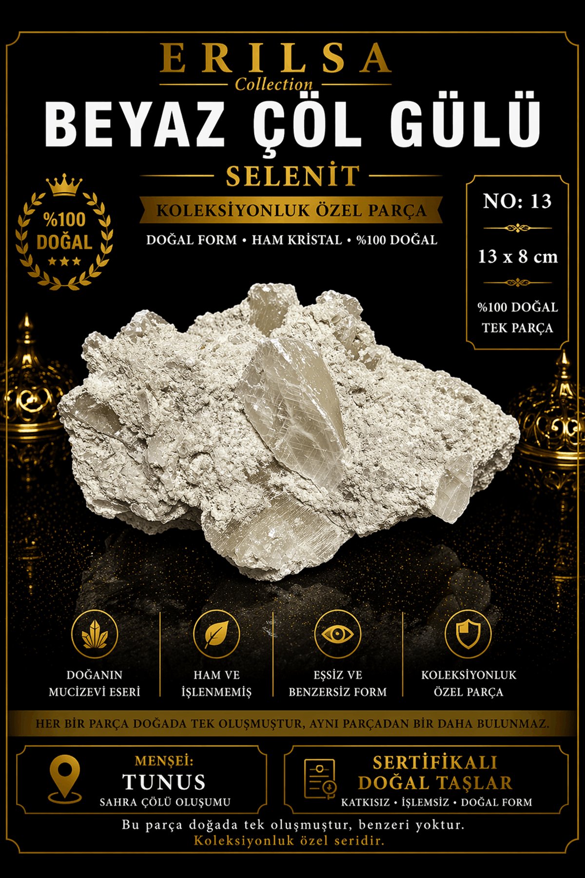 Sertifikalı Beyaz Çöl Gülü Selenit Taşı Kütle 13x8 cm Koleksiyonluk Doğal Tek Parça