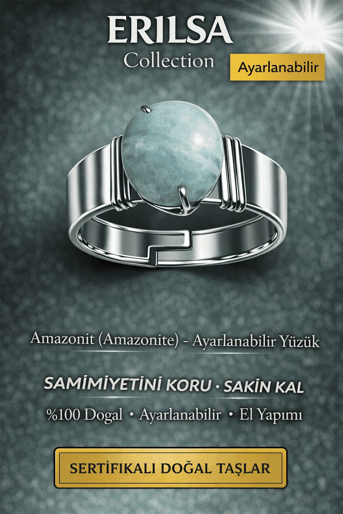 Sertifikalı Amazonit Doğal Taş Ayarlanabilir Yüzük – Sakinlik ve Denge Taşı El Yapımı